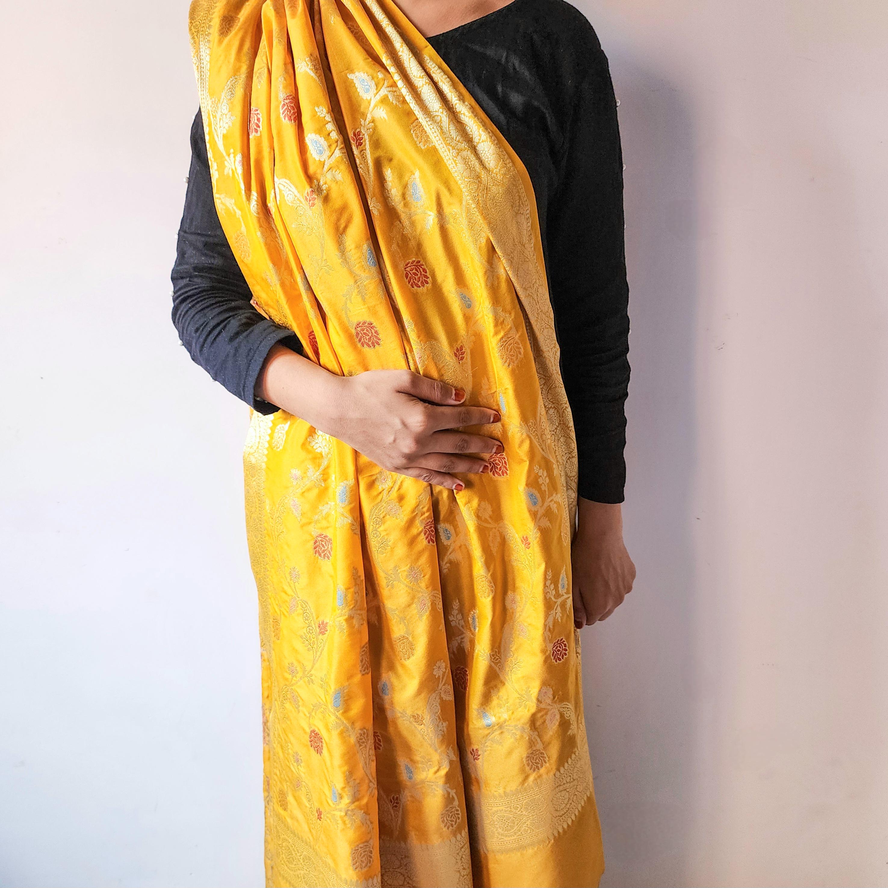 Golden Yellow Banarasi Silk Dupatta with Gold Zari Border & Multicolor Meenakari Work
