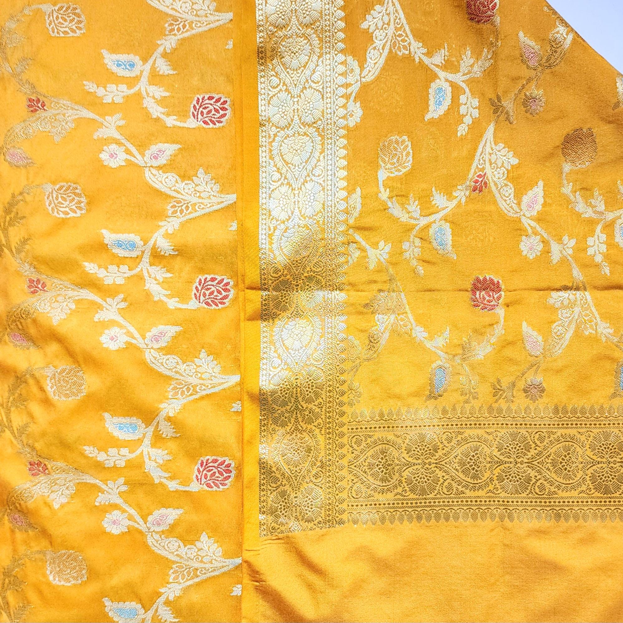 Golden Yellow Banarasi Silk Dupatta with Gold Zari Border & Multicolor Meenakari Work