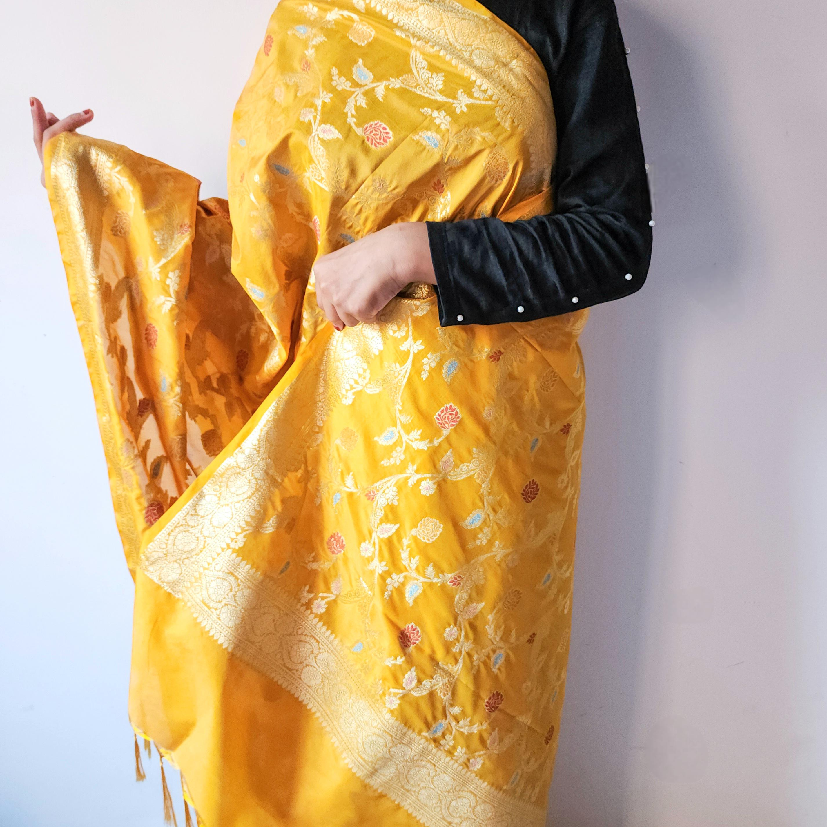 Golden Yellow Banarasi Silk Dupatta with Gold Zari Border & Multicolor Meenakari Work