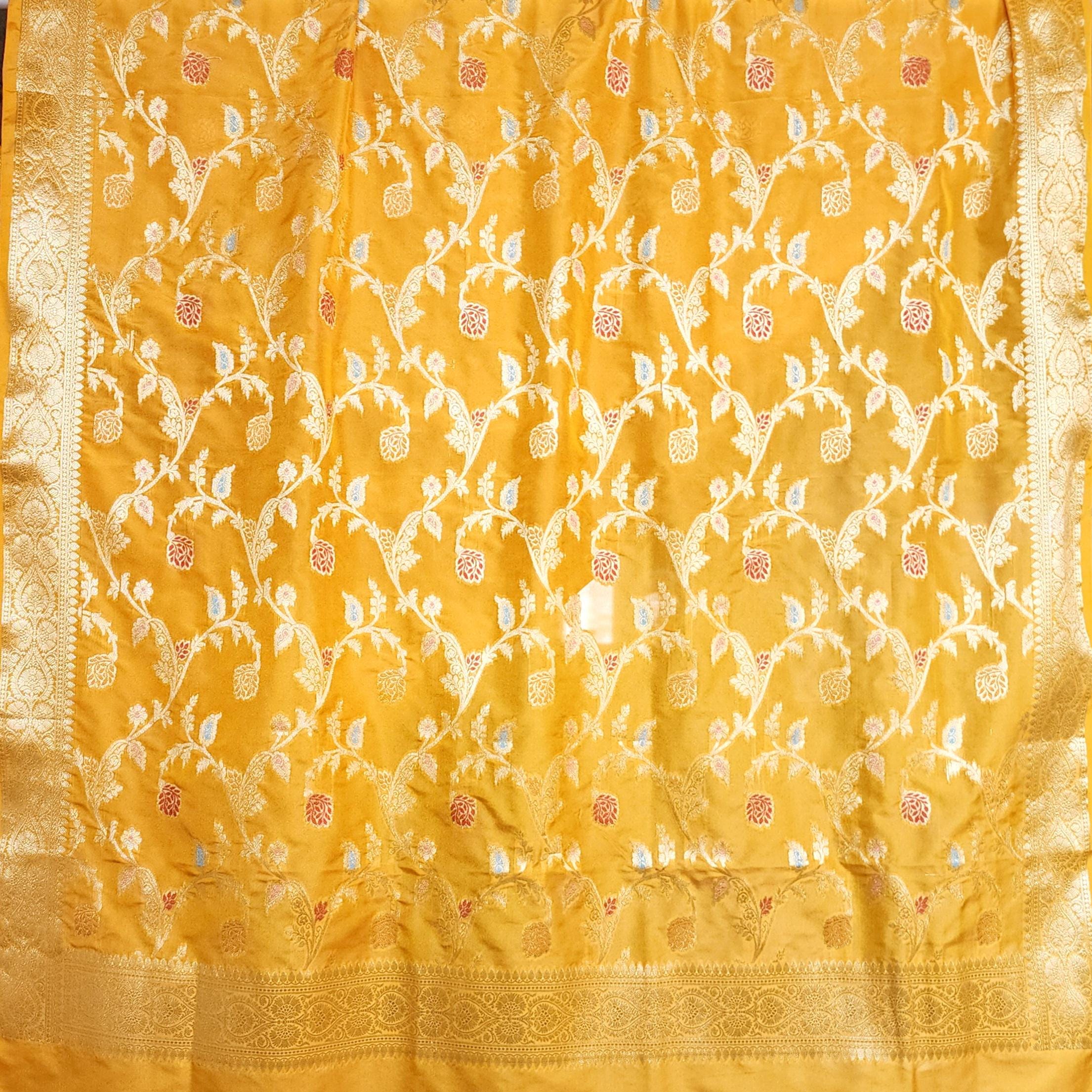 Golden Yellow Banarasi Silk Dupatta with Gold Zari Border & Multicolor Meenakari Work