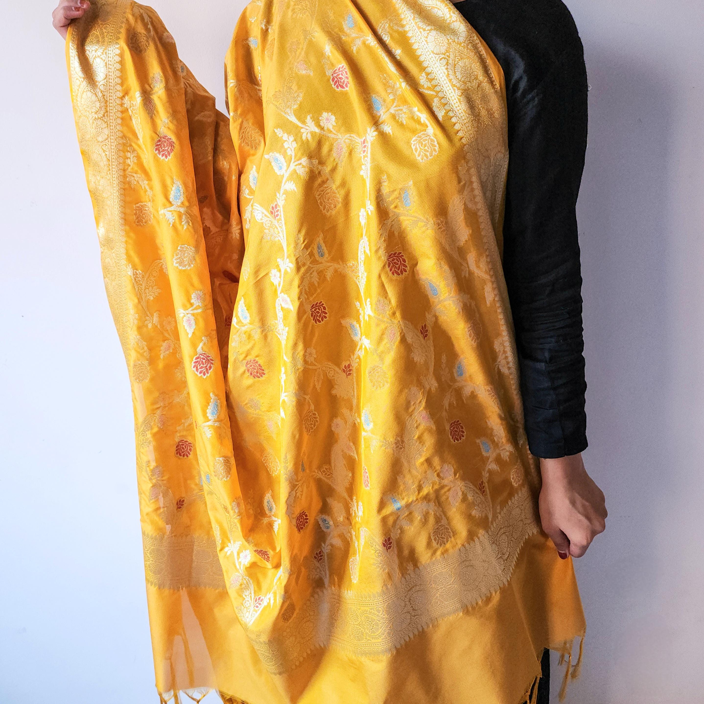Golden Yellow Banarasi Silk Dupatta with Gold Zari Border & Multicolor Meenakari Work