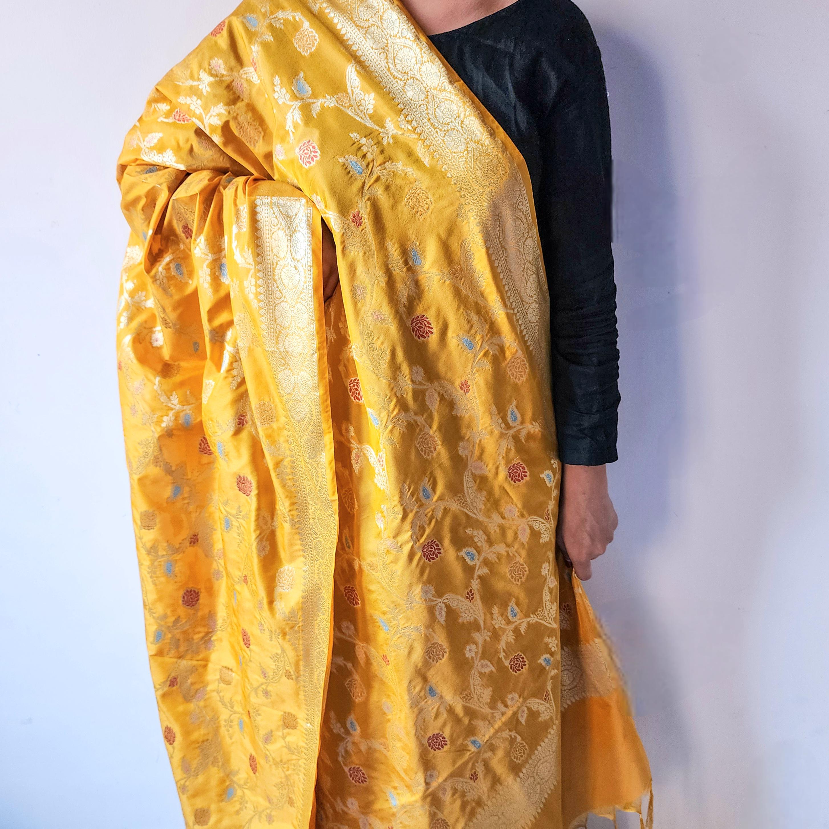 Golden Yellow Banarasi Silk Dupatta with Gold Zari Border & Multicolor Meenakari Work