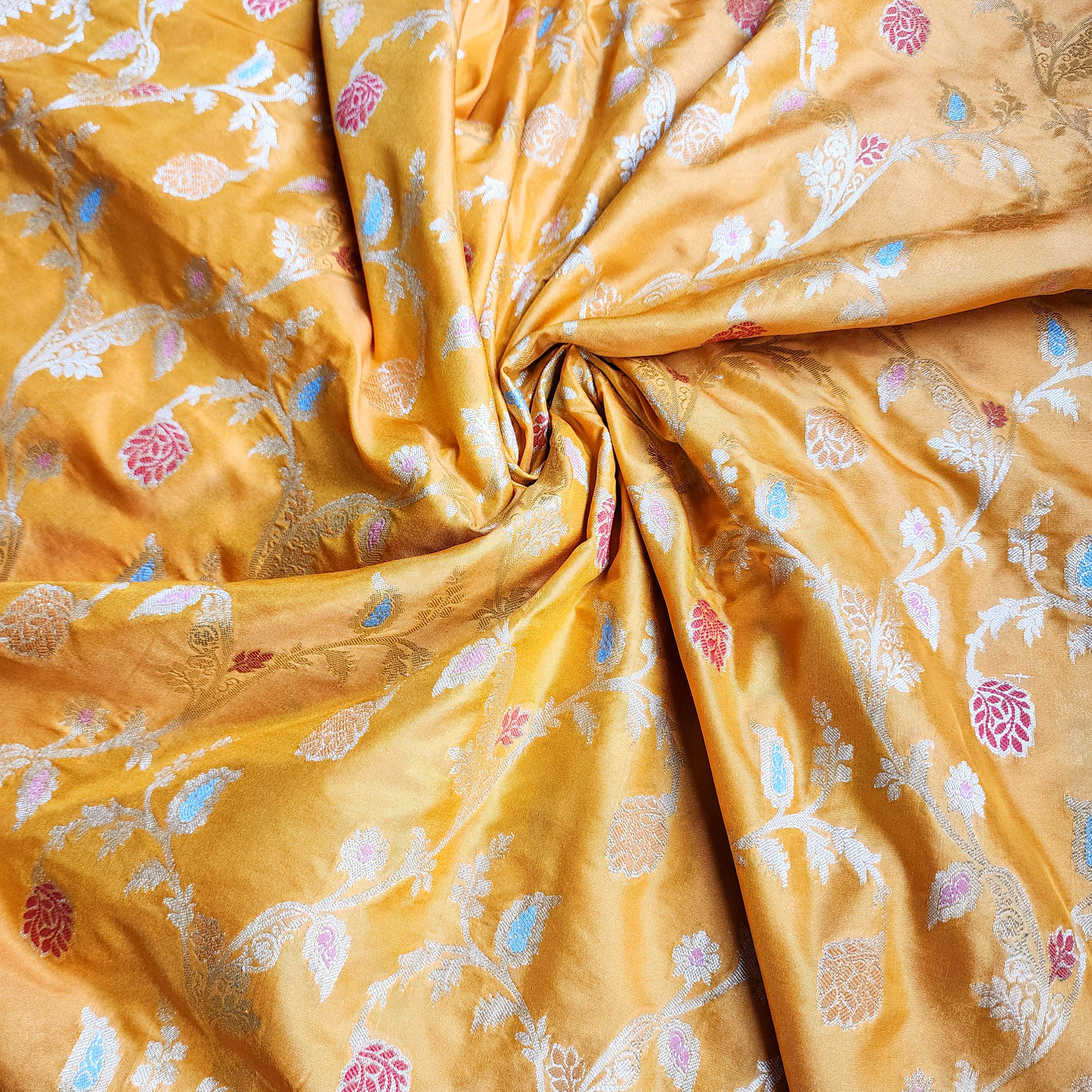 Golden Yellow Banarasi Silk Dupatta with Gold Zari Border & Multicolor Meenakari Work