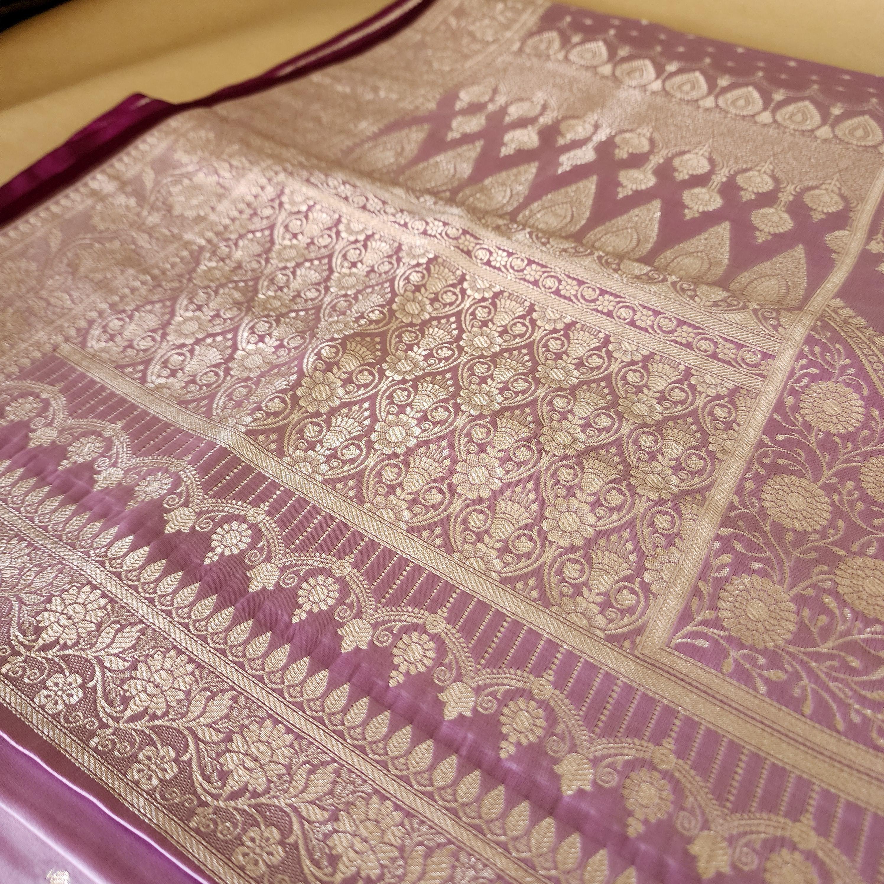 Lavender Purple Banarasi Katan Silk Saree | Light Gold Zari weaving