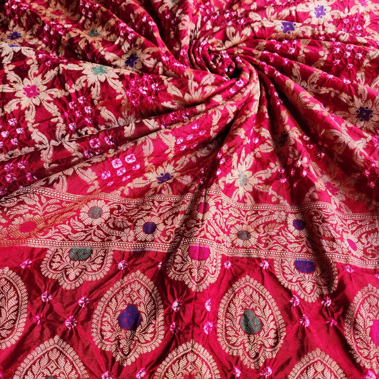 Maroon Red Bandhni dupatta with Banarasi Meenakari work