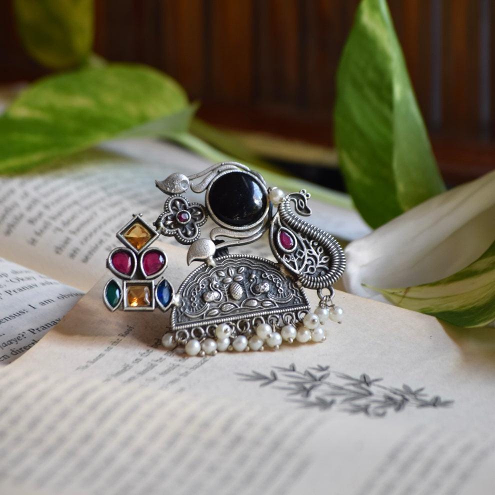 Black & Multicolor Stone Statement Ring | Oxidized Silver Jewelry | Adjustable Festival Boho Ring