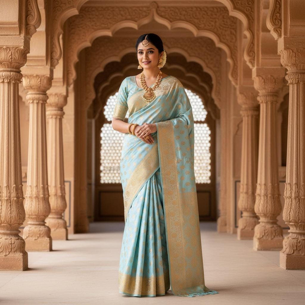 Rich Powder Blue Banarasi Silk Saree with Gold Zari Weaving