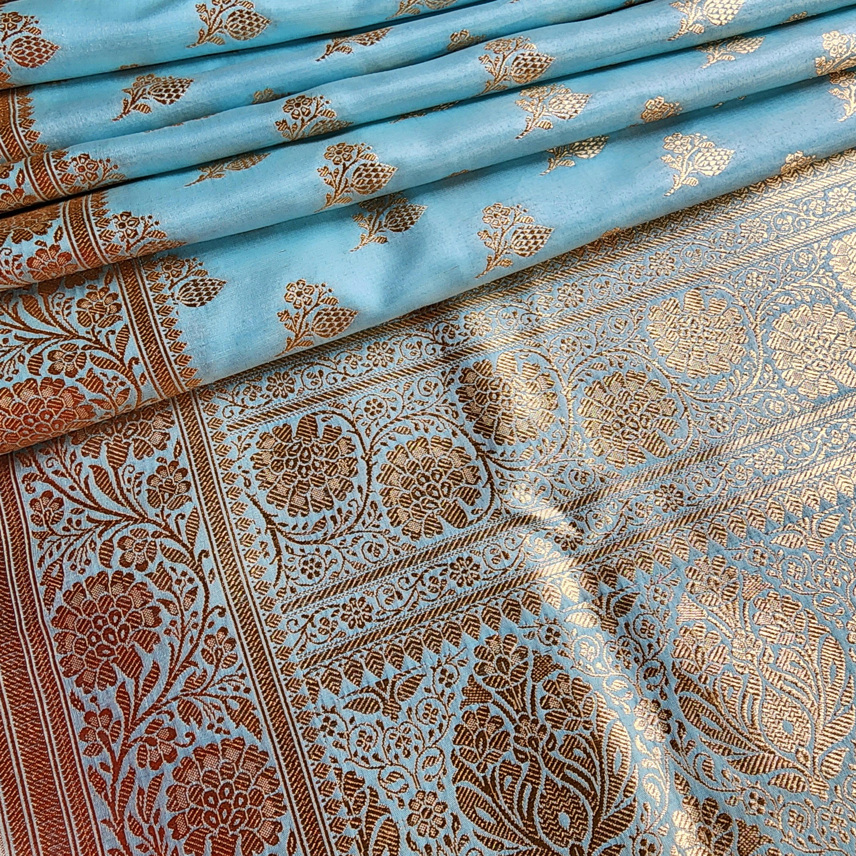 Rich Powder Blue Banarasi Silk Saree with Gold Zari Weaving