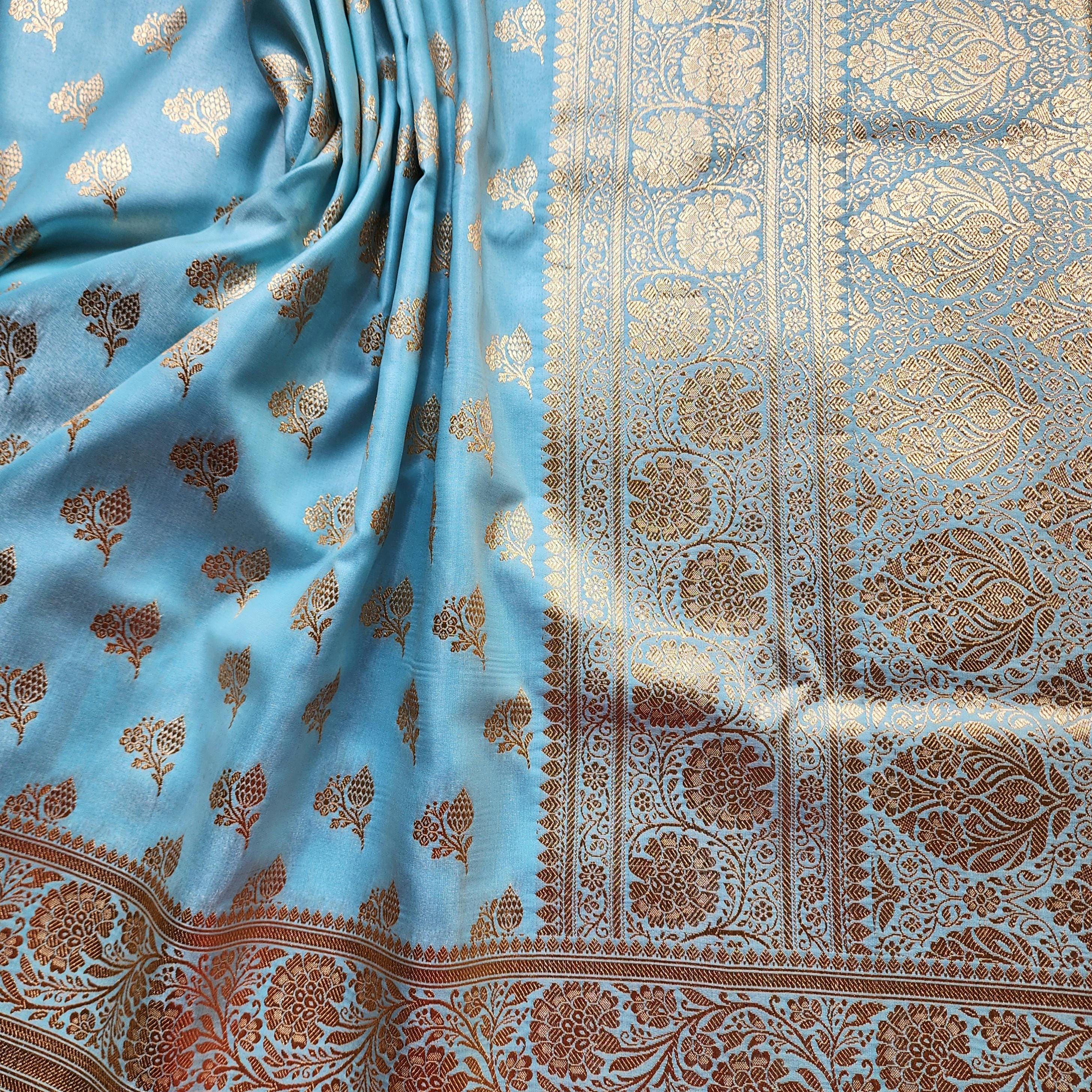 Rich Powder Blue Banarasi Silk Saree with Gold Zari Weaving