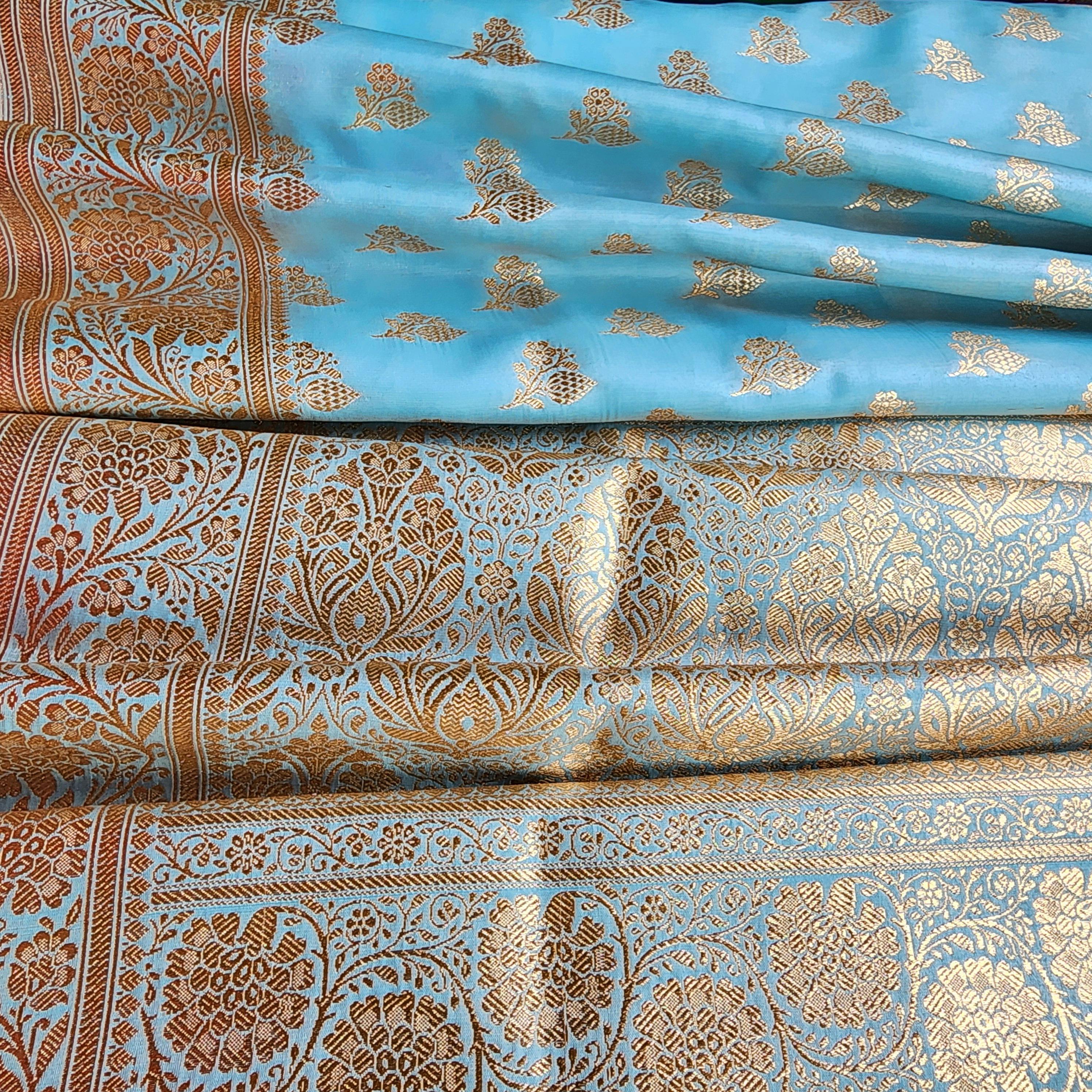 Rich Powder Blue Banarasi Silk Saree with Gold Zari Weaving