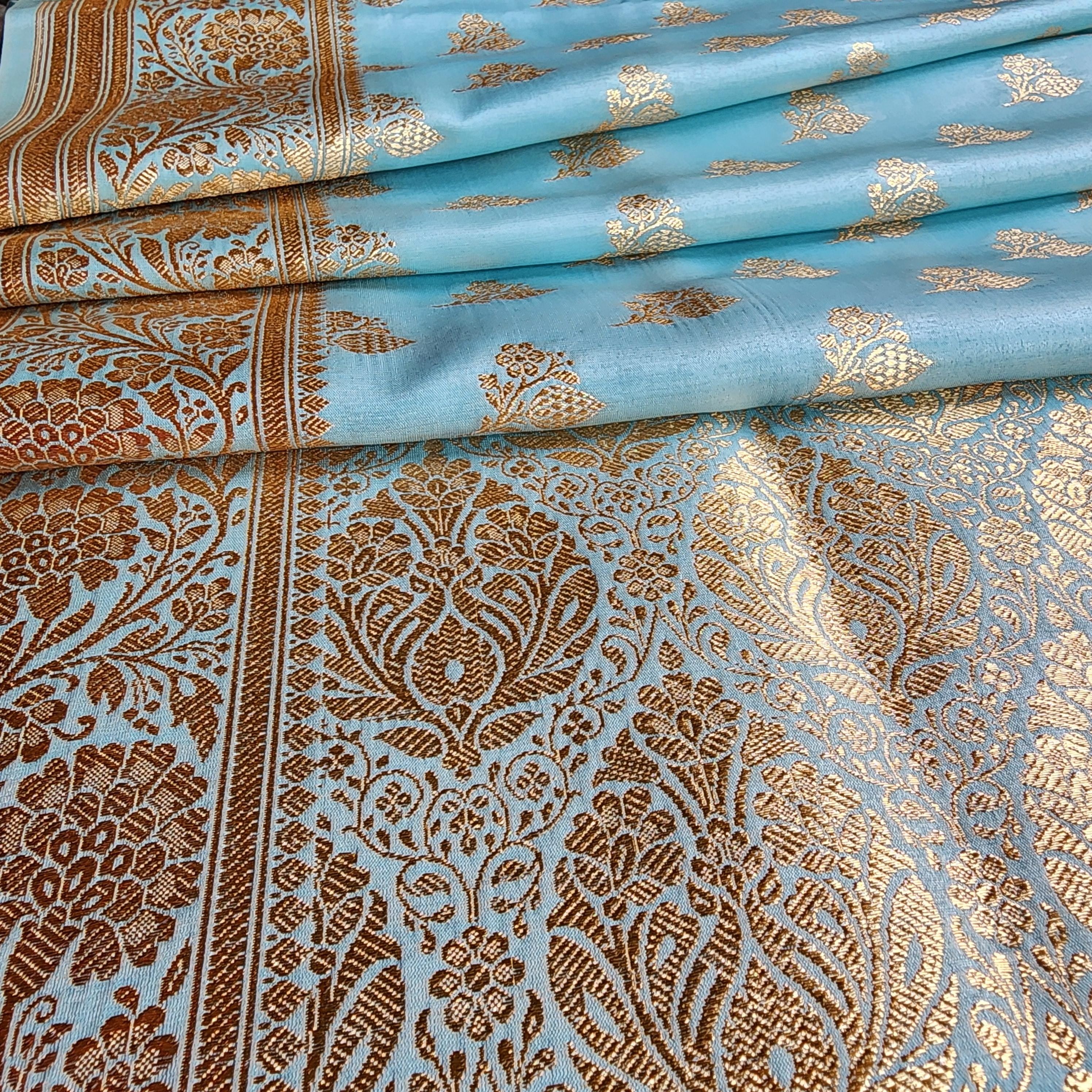 Rich Powder Blue Banarasi Silk Saree with Gold Zari Weaving