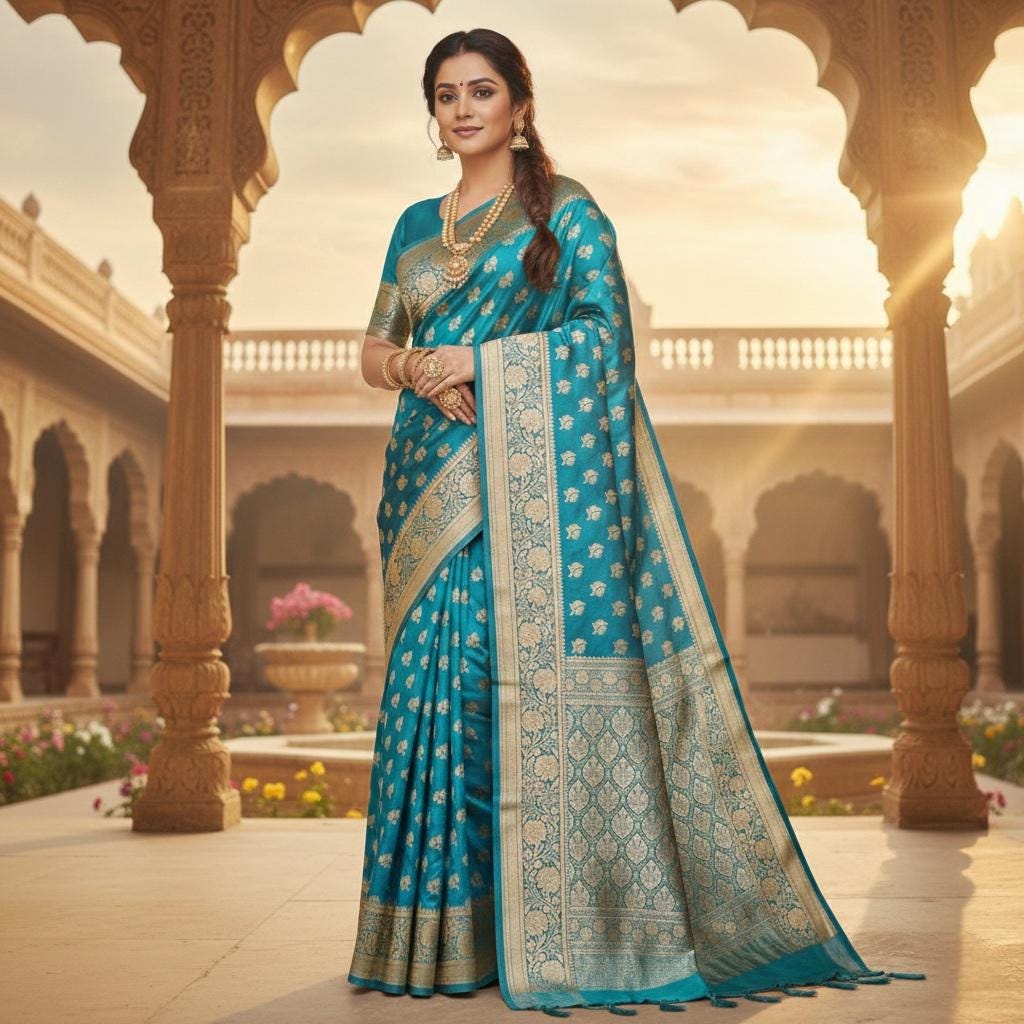 Rich Peacock Blue Banarasi Silk Saree with Gold Zari Weaving