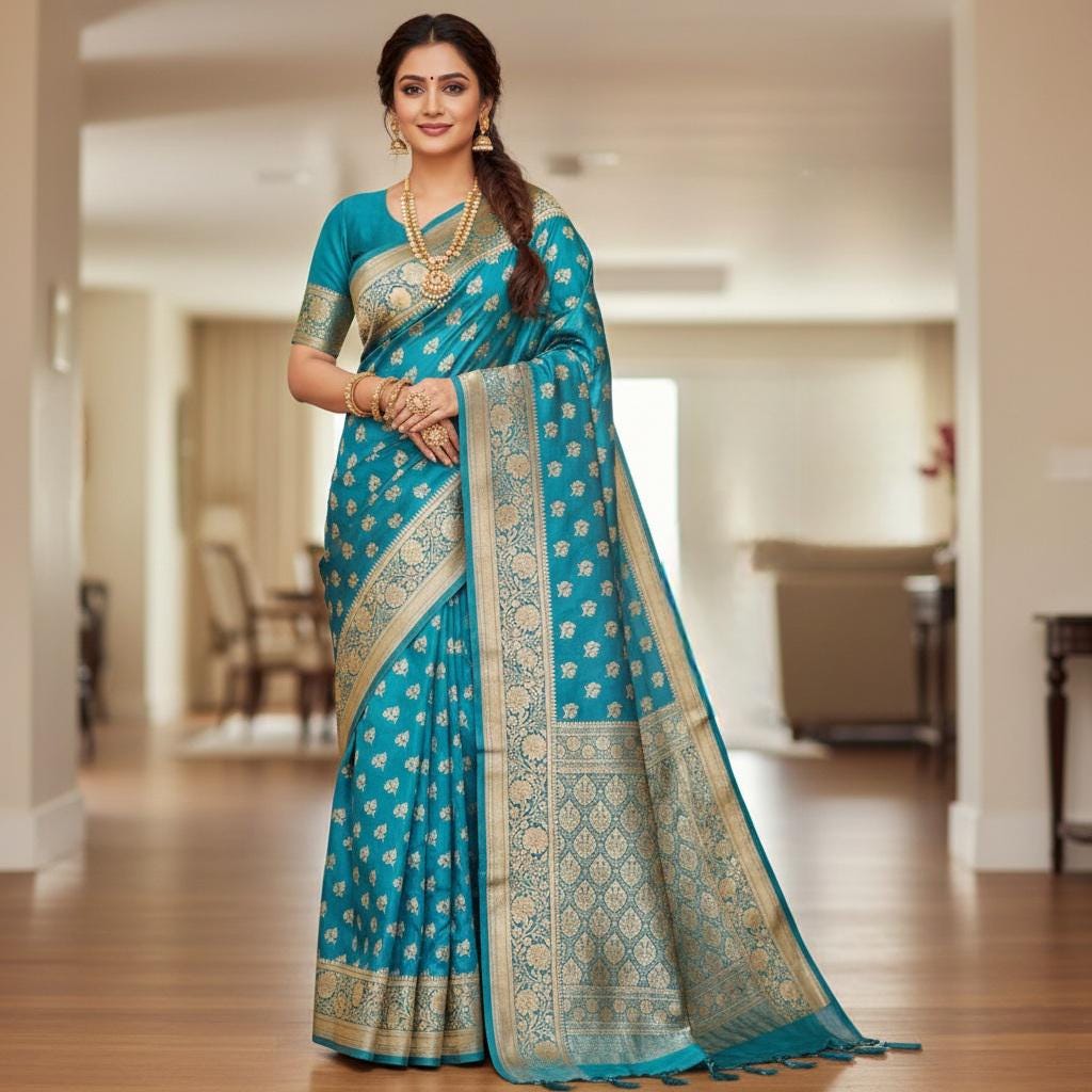 Rich Peacock Blue Banarasi Silk Saree with Gold Zari Weaving