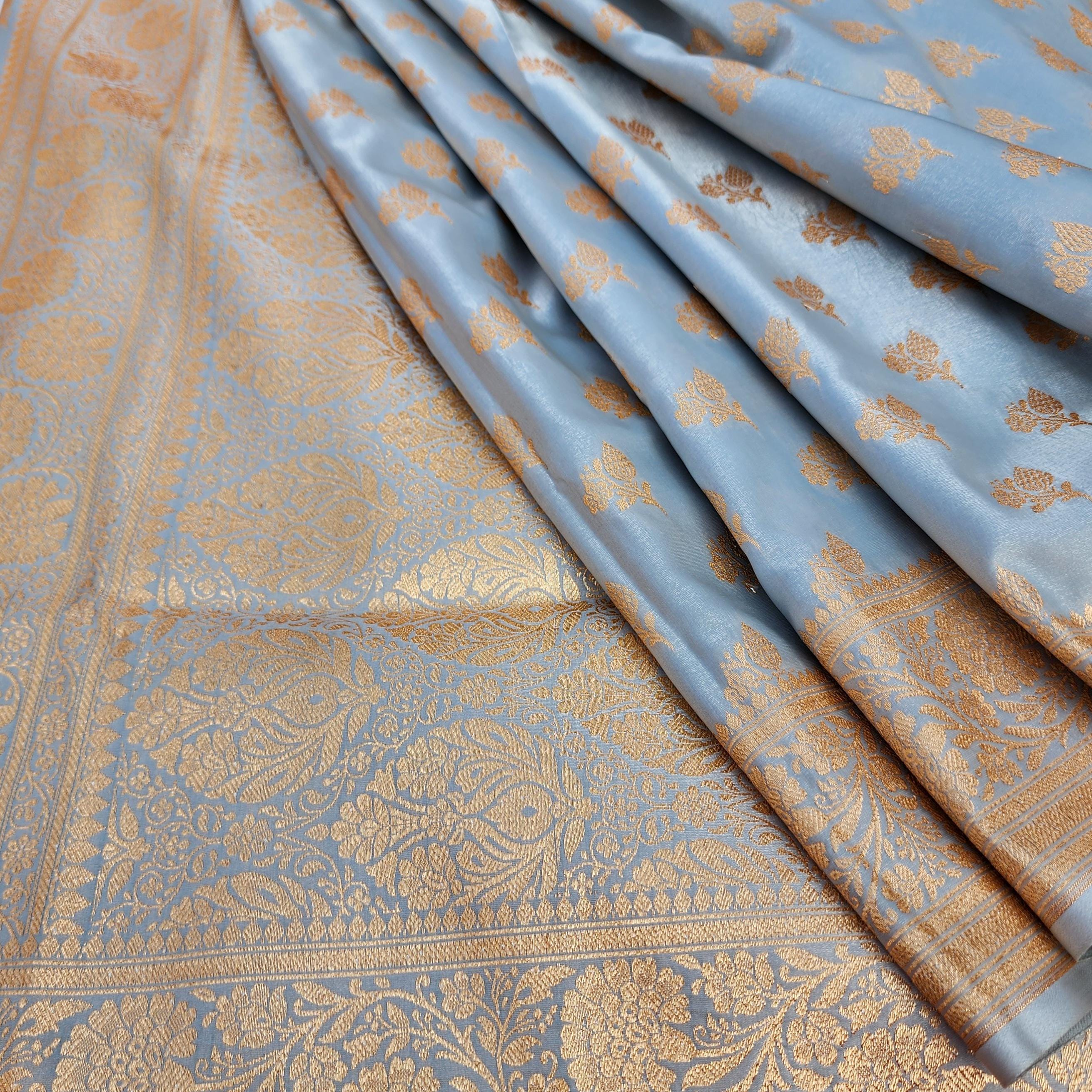 Rich Silver Grey Banarasi Silk Saree with Gold Zari Weaving