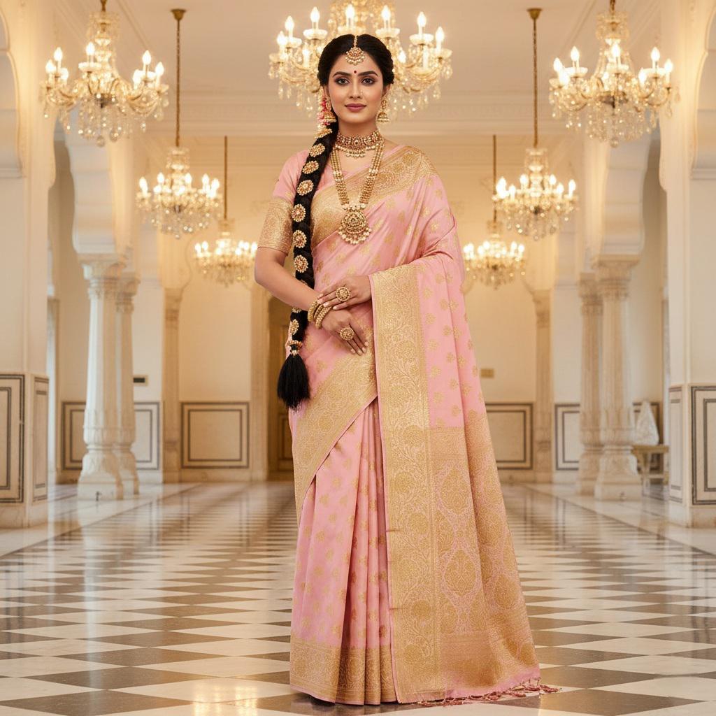 Rich Baby Pink Banarasi Silk Saree with Gold Zari Weaving