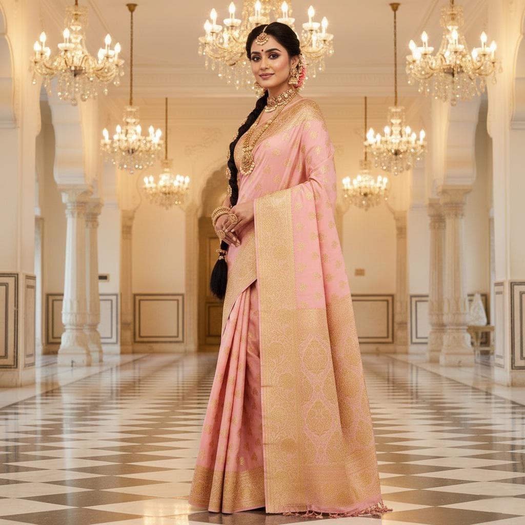 Rich Baby Pink Banarasi Silk Saree with Gold Zari Weaving