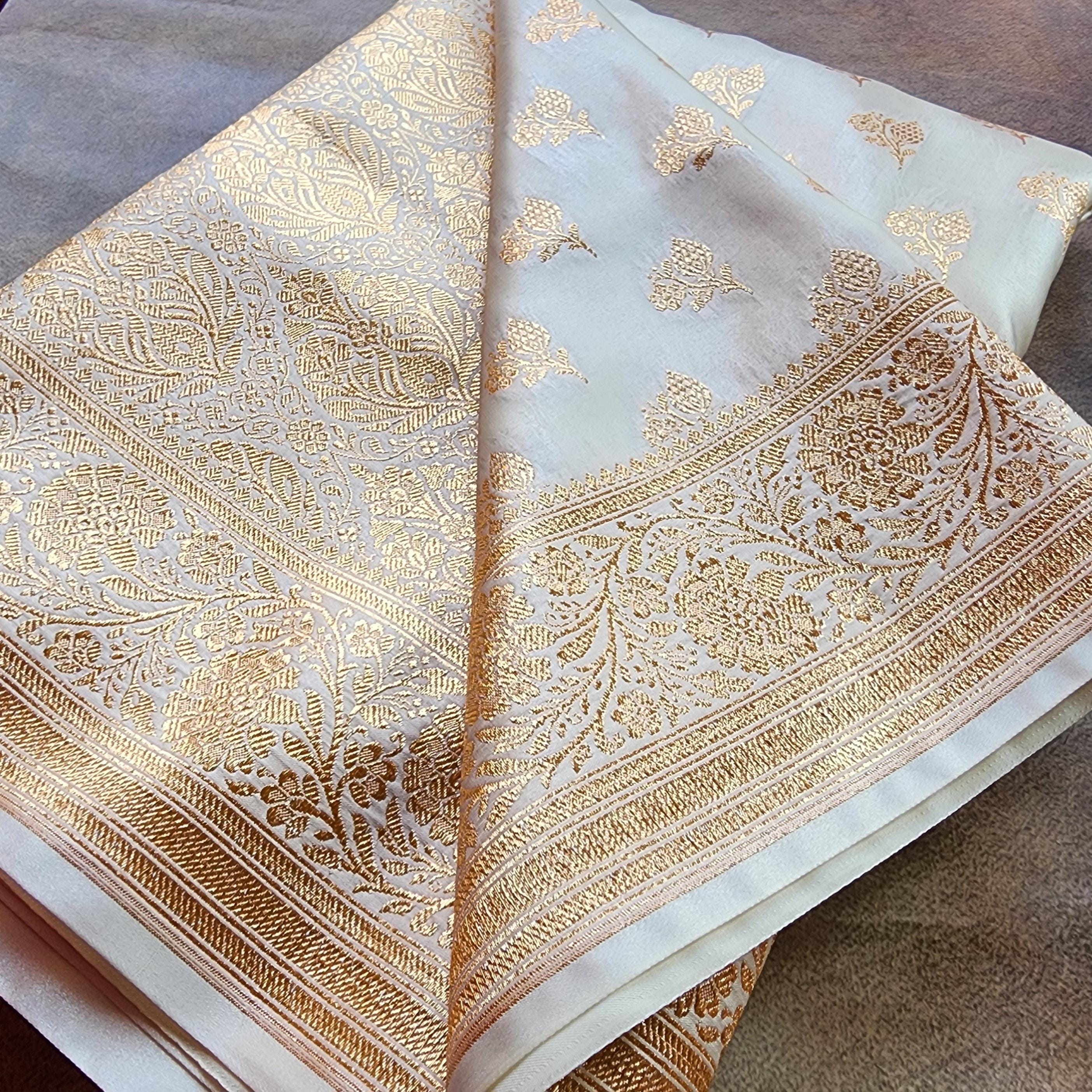 Rich Ivory Cream Banarasi Silk Saree with Gold Zari Weaving