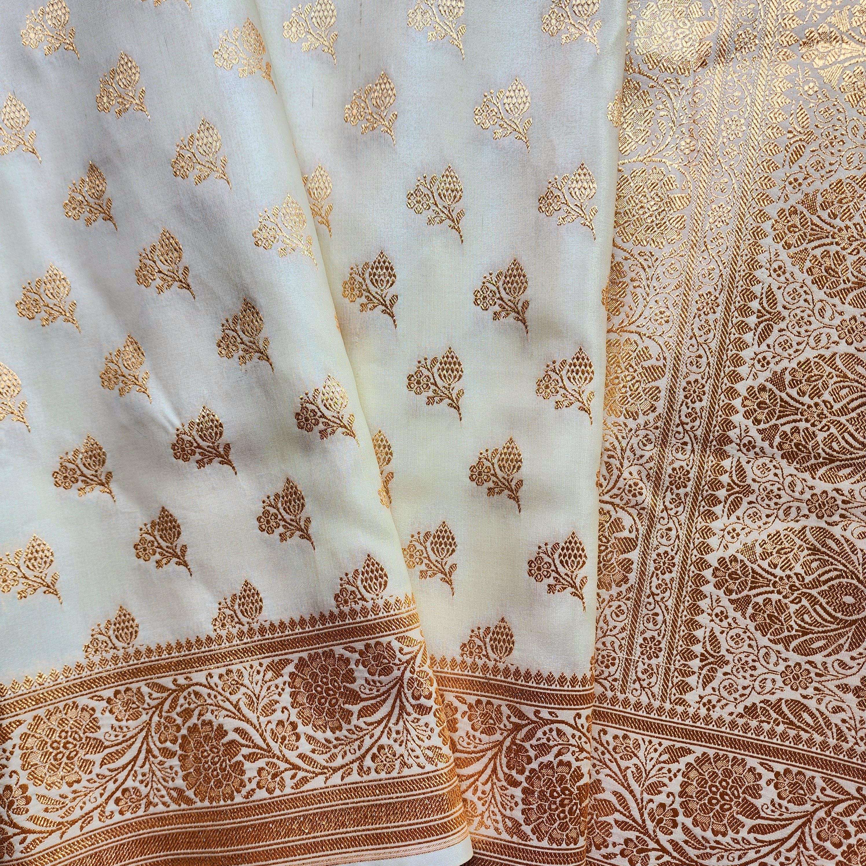 Rich Ivory Cream Banarasi Silk Saree with Gold Zari Weaving