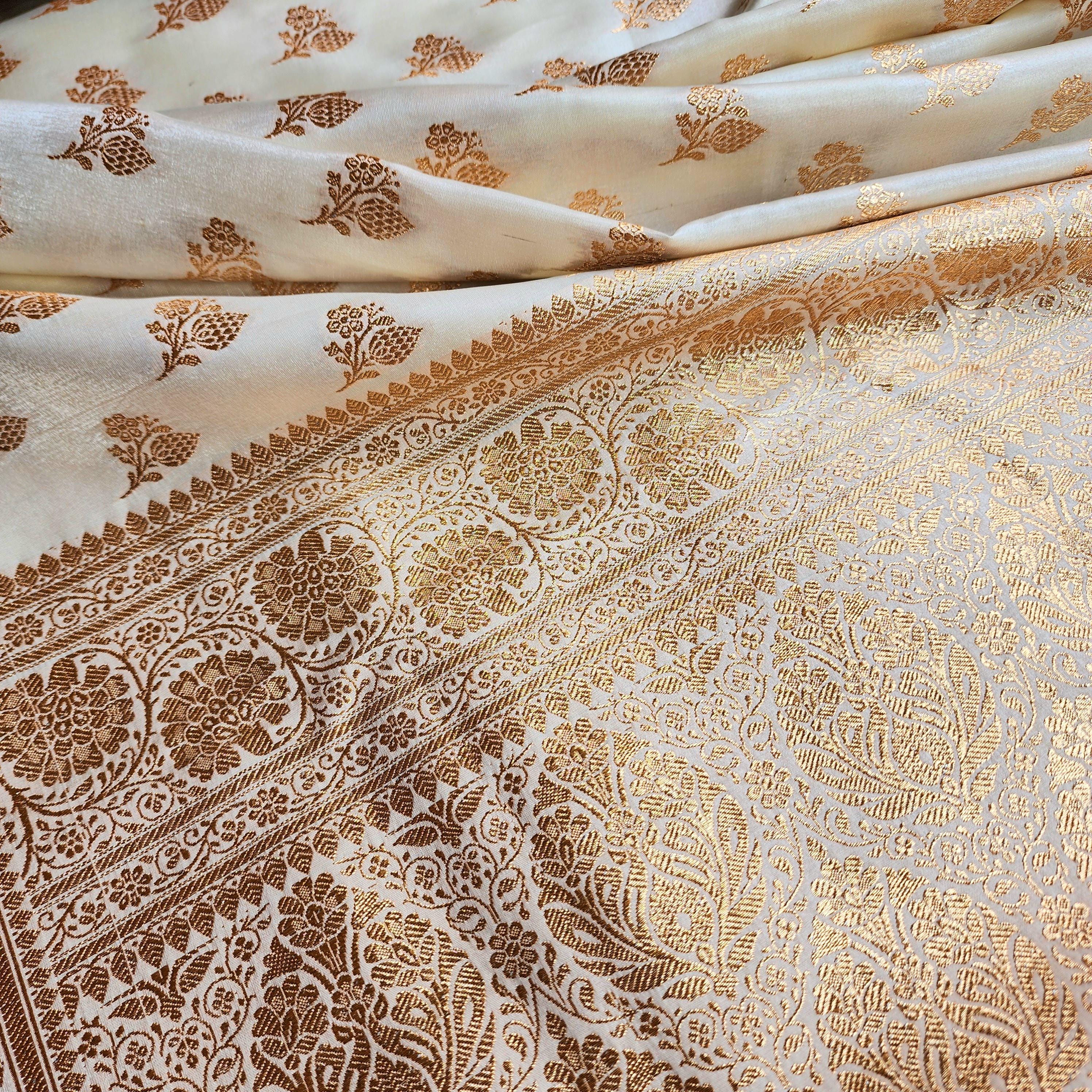 Rich Ivory Cream Banarasi Silk Saree with Gold Zari Weaving