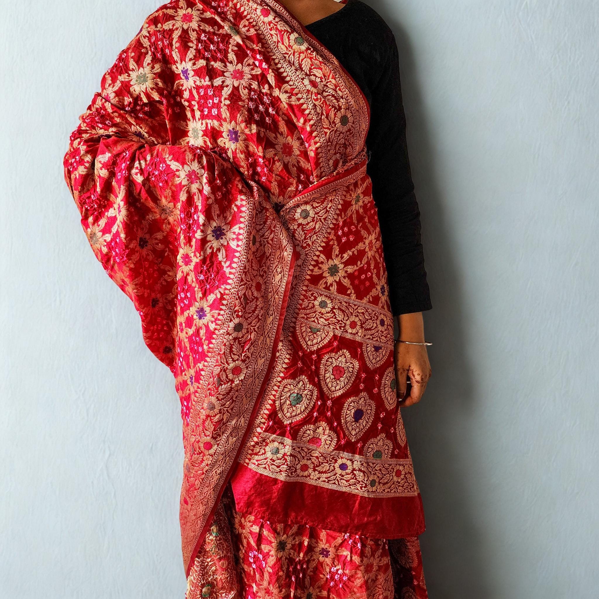 Maroon Red Bandhni dupatta with Banarasi Meenakari work