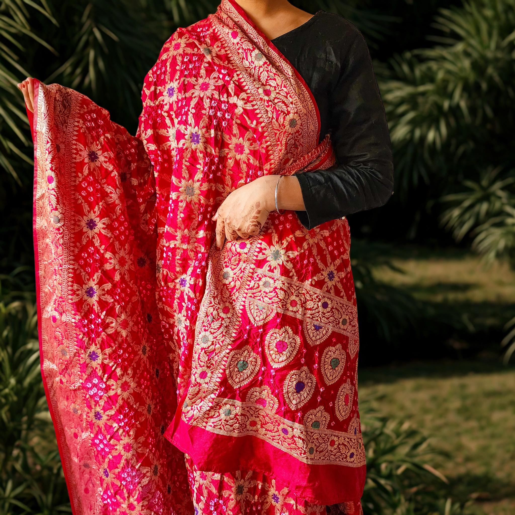 Maroon Red Bandhni dupatta with Banarasi Meenakari work