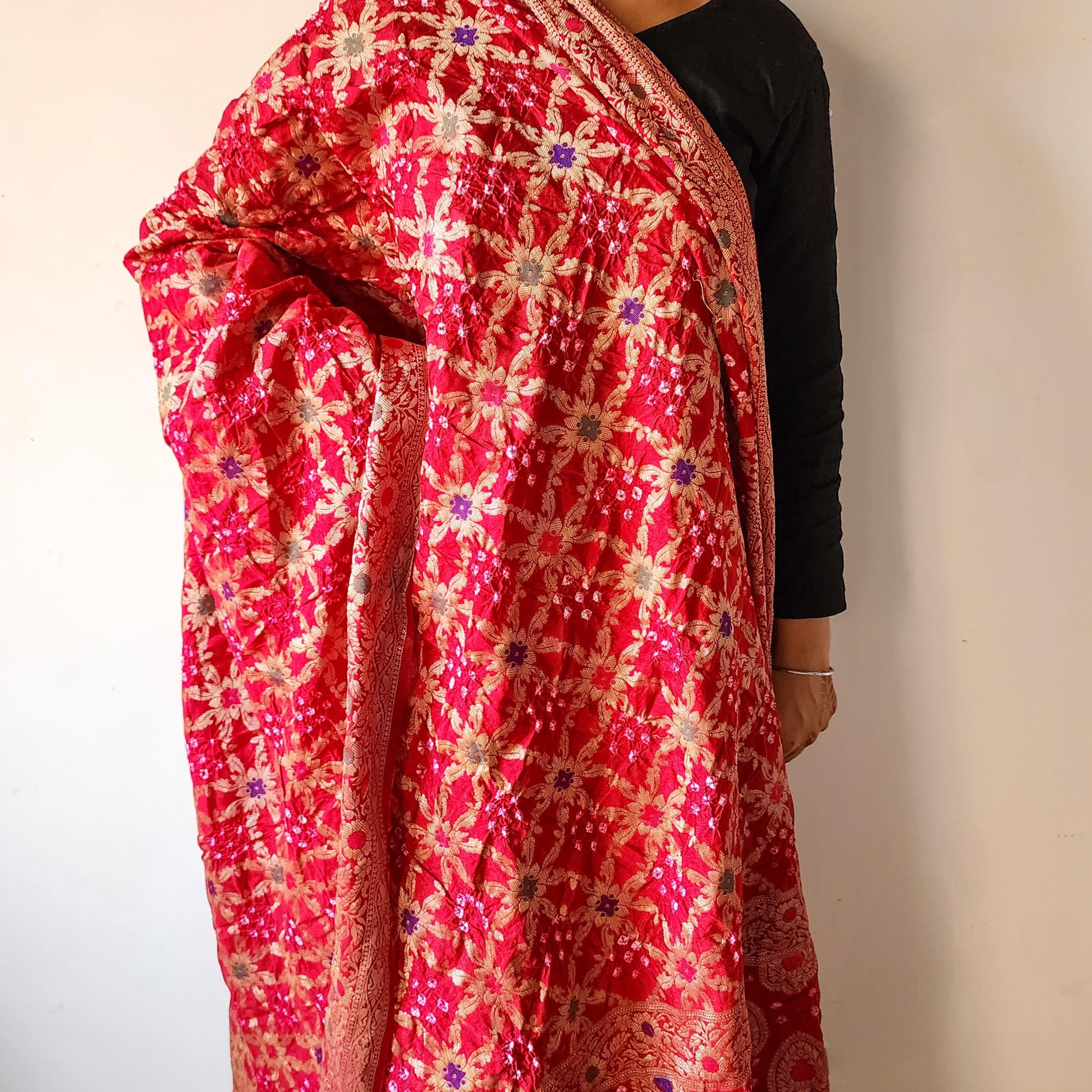 Maroon Red Bandhni dupatta with Banarasi Meenakari work