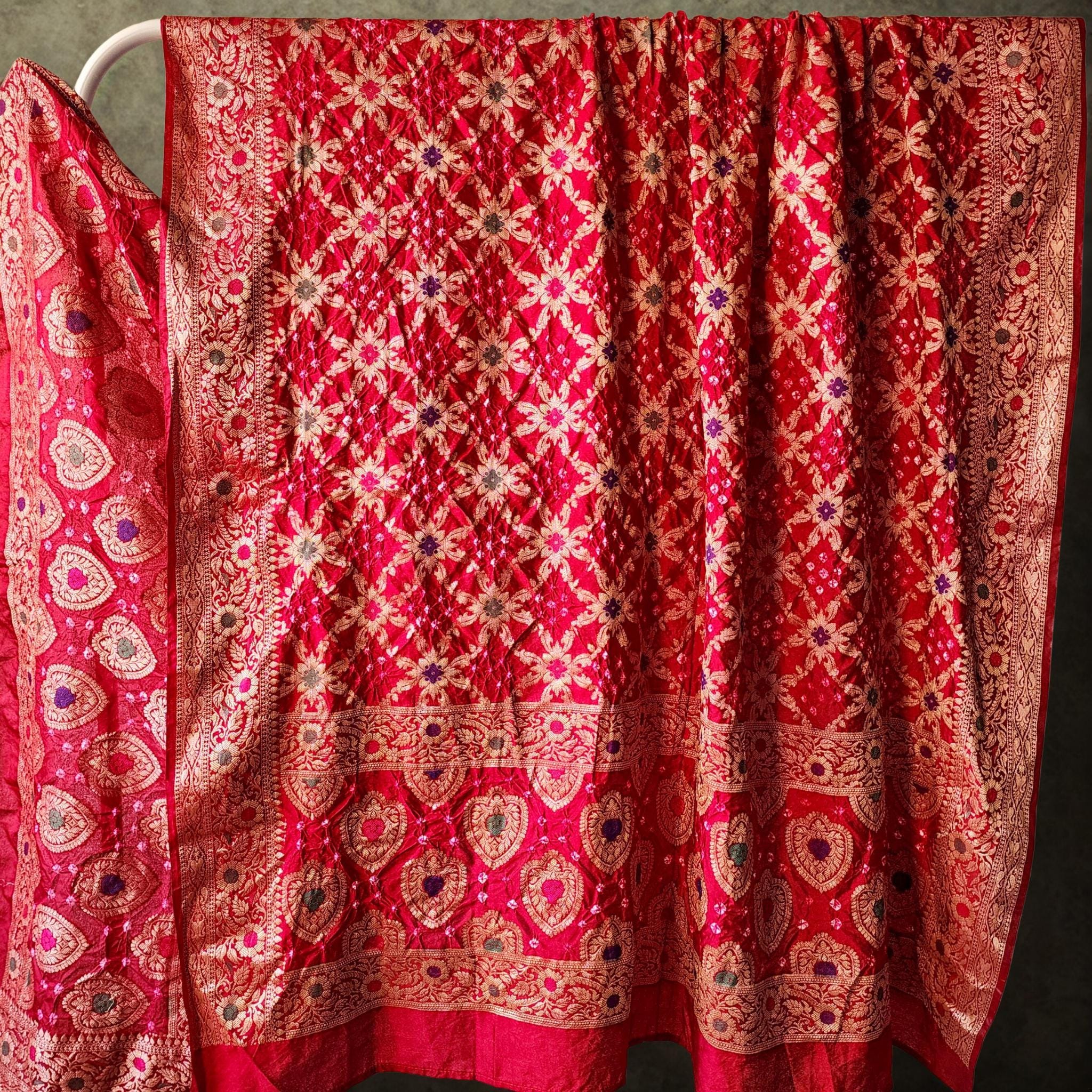 Maroon Red Bandhni dupatta with Banarasi Meenakari work