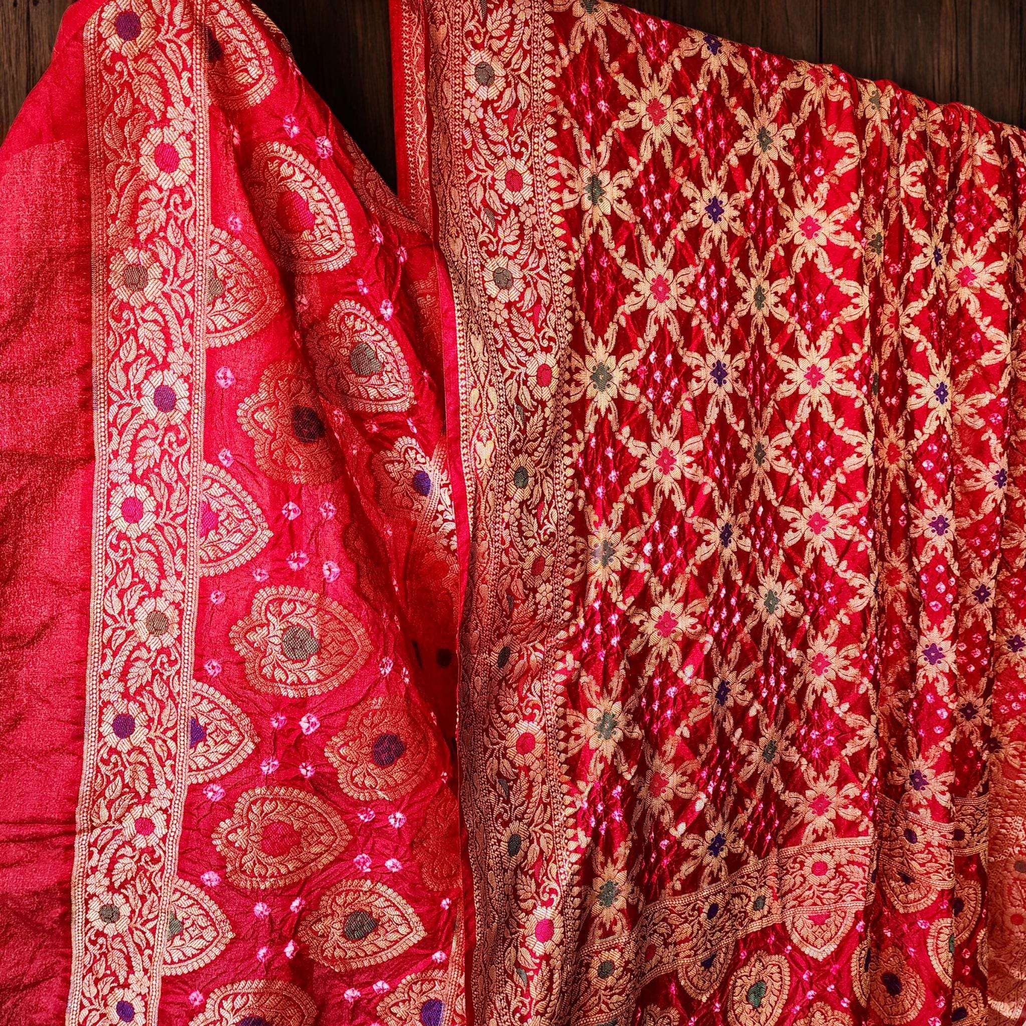 Maroon Red Bandhni dupatta with Banarasi Meenakari work