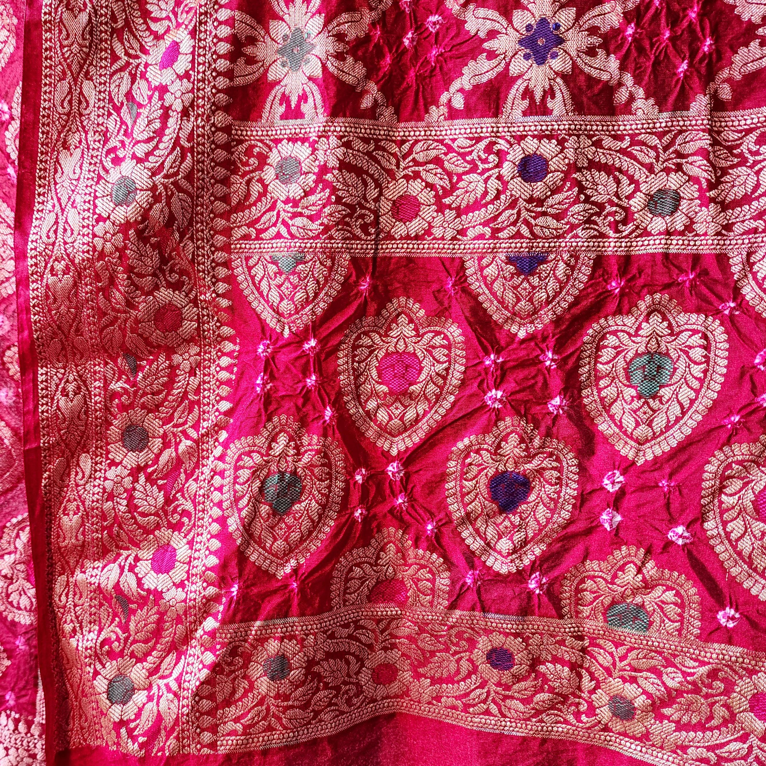 Maroon Red Bandhni dupatta with Banarasi Meenakari work