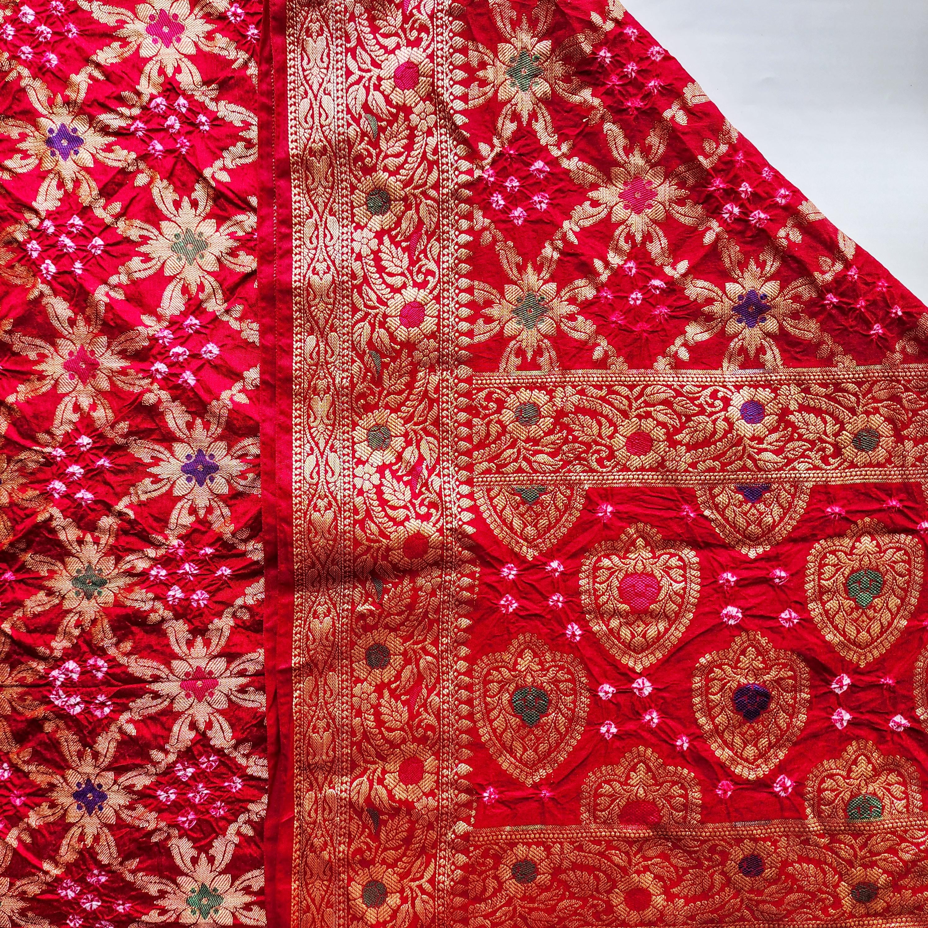 Maroon Red Bandhni dupatta with Banarasi Meenakari work
