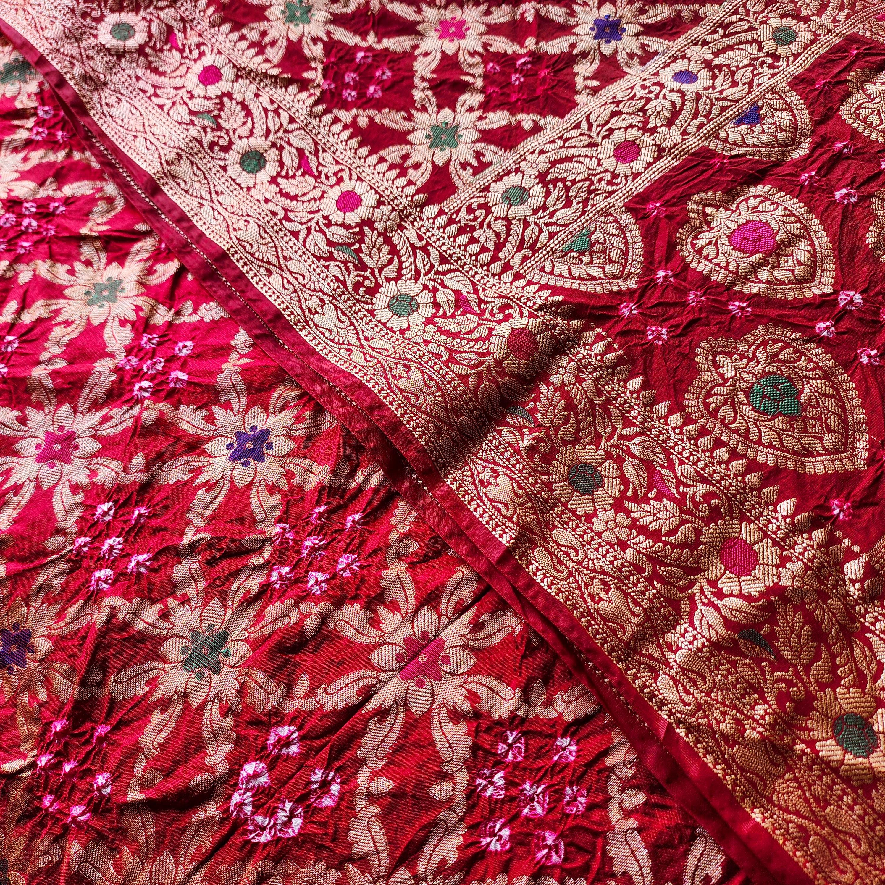 Maroon Red Bandhni dupatta with Banarasi Meenakari work