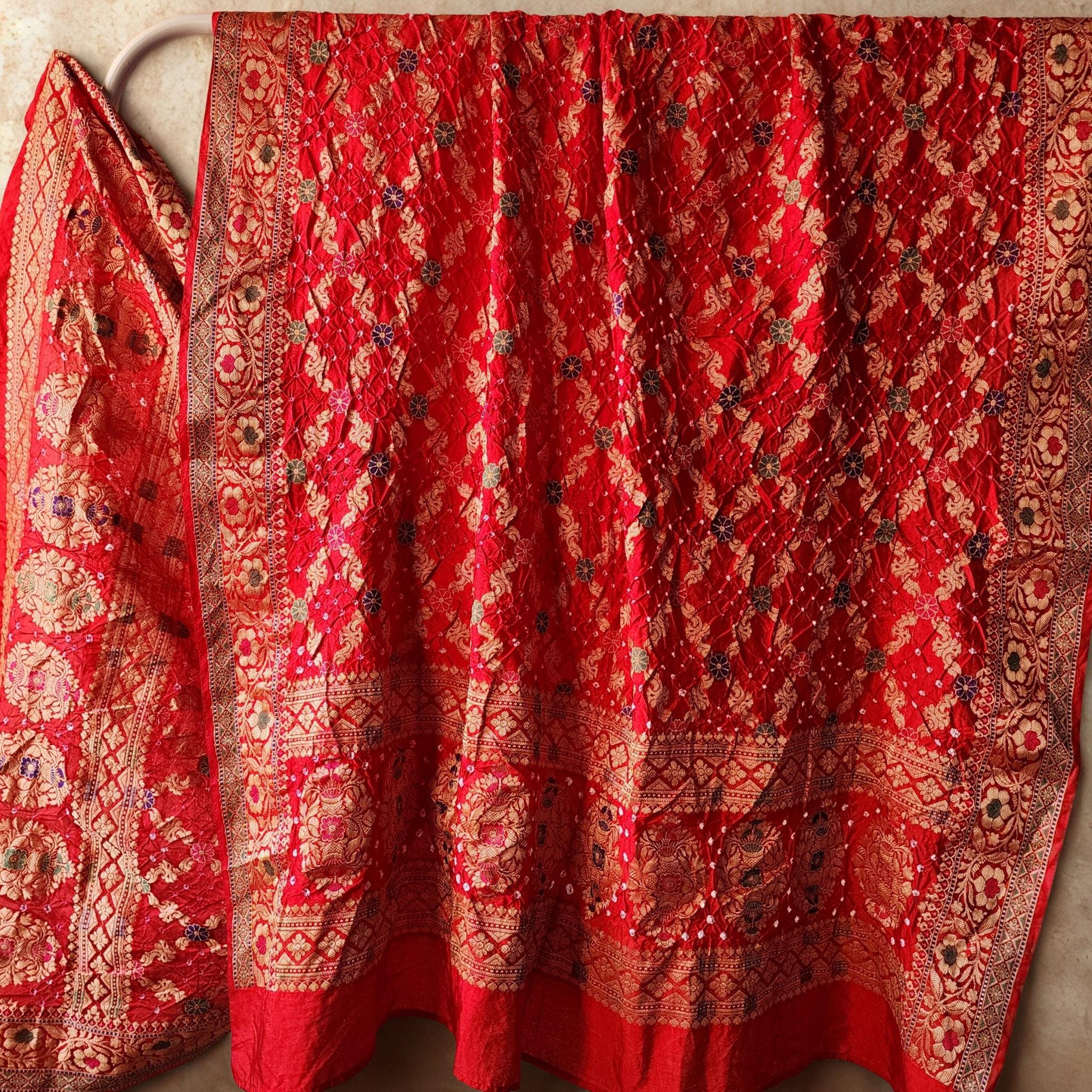 Rich Red Bandhni dupatta with Banarasi Meenakari work