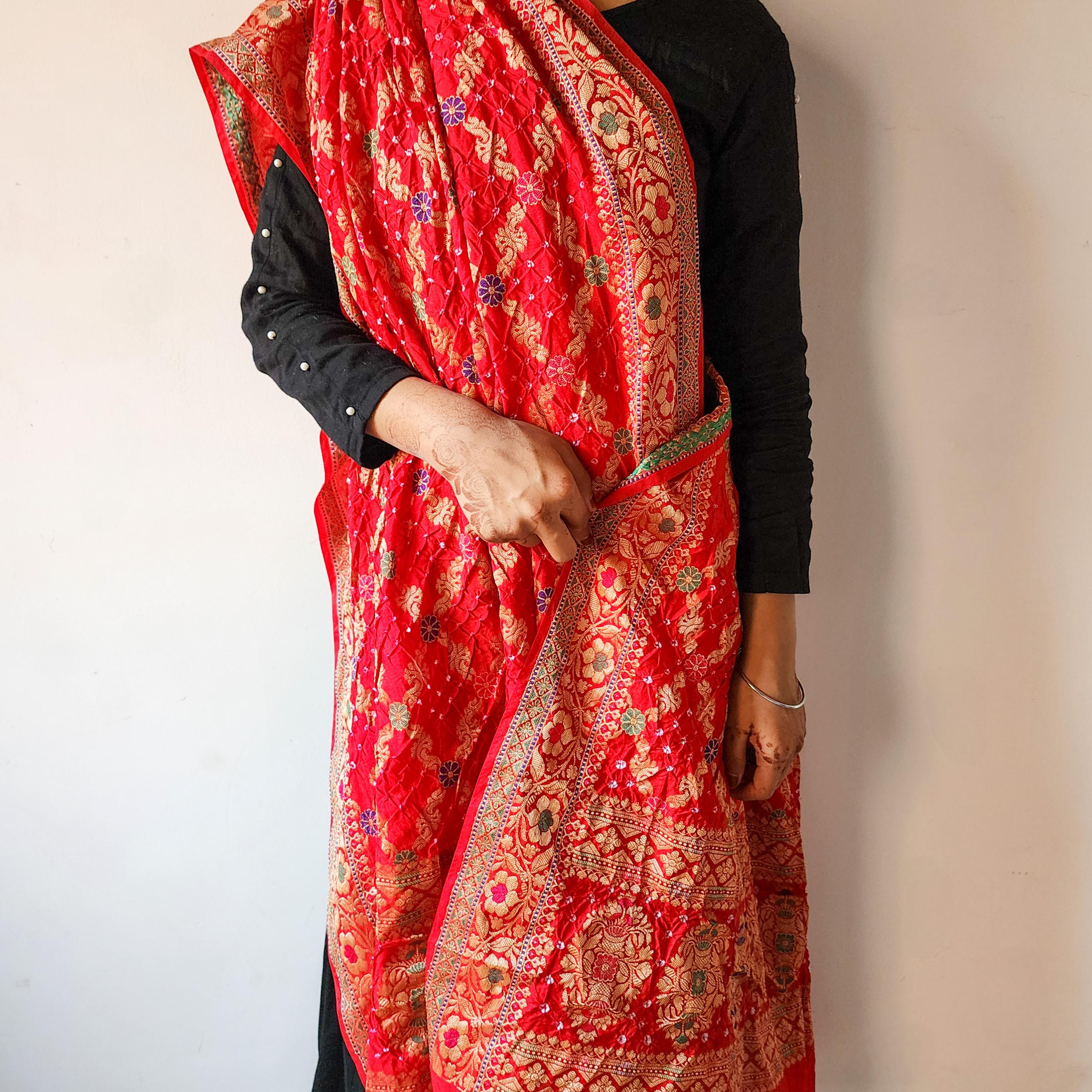 Rich Red Bandhni dupatta with Banarasi Meenakari work