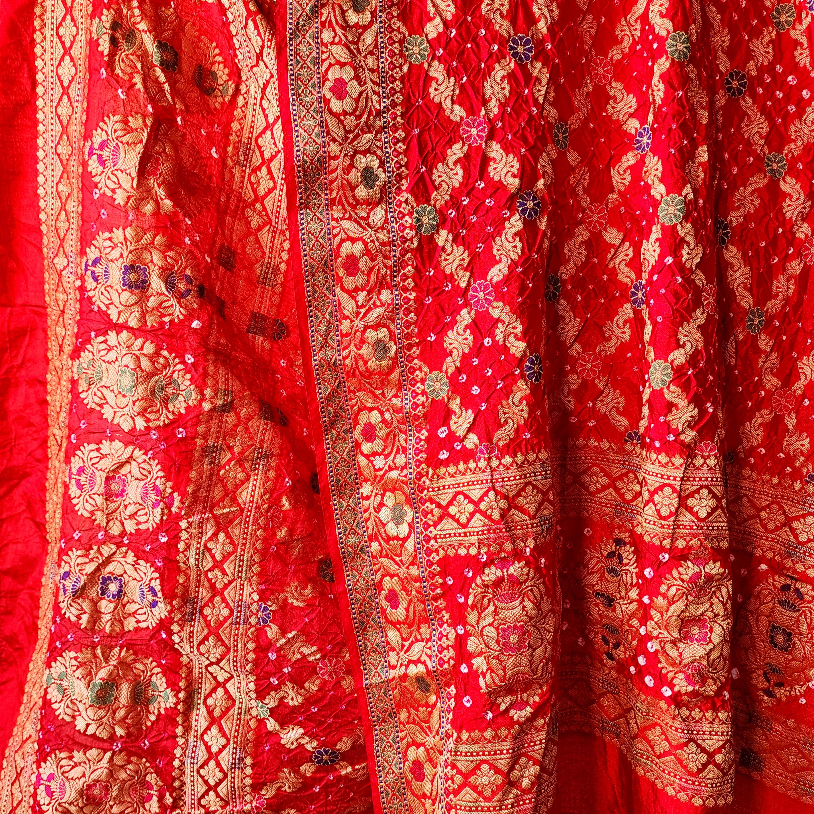 Rich Red Bandhni dupatta with Banarasi Meenakari work