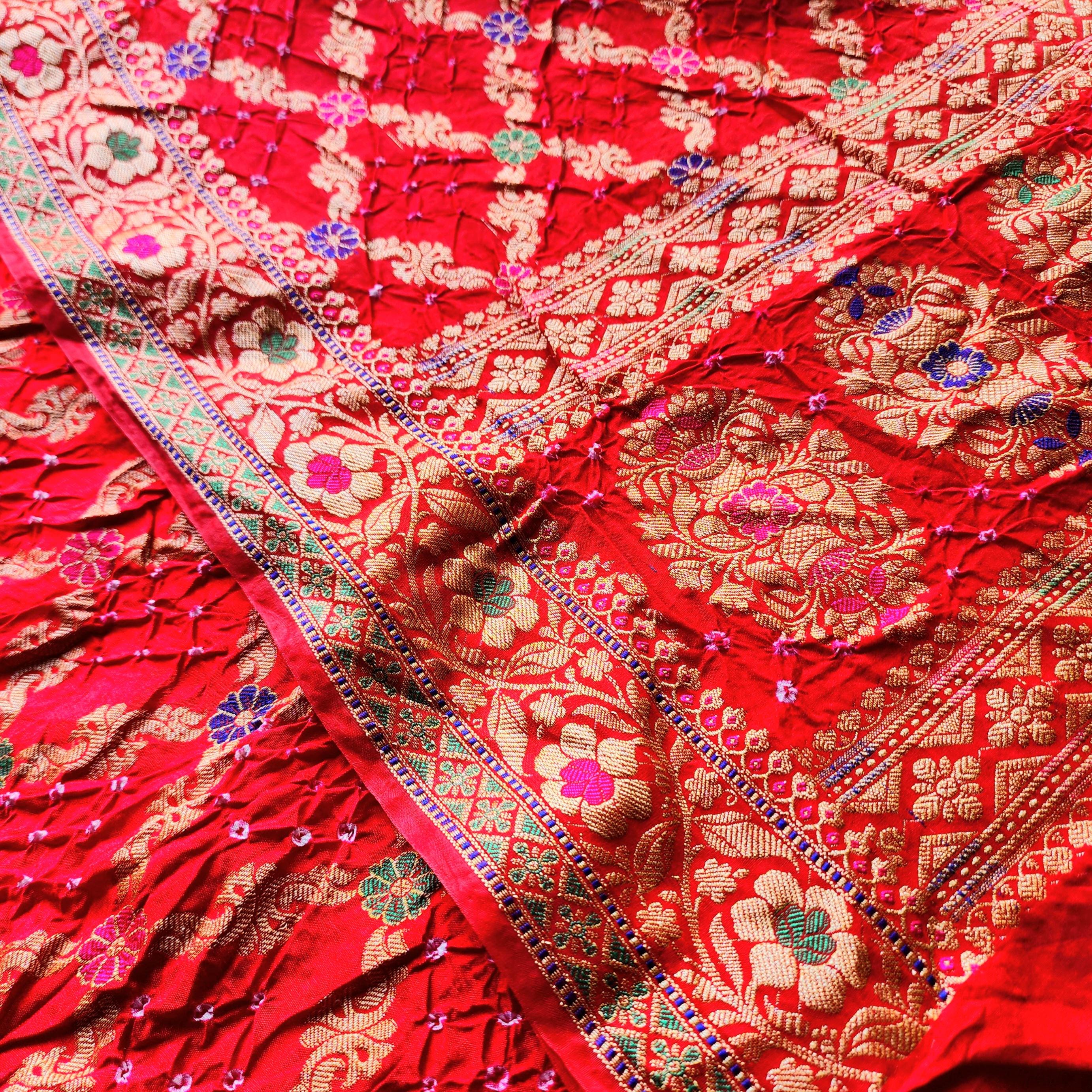 Rich Red Bandhni dupatta with Banarasi Meenakari work