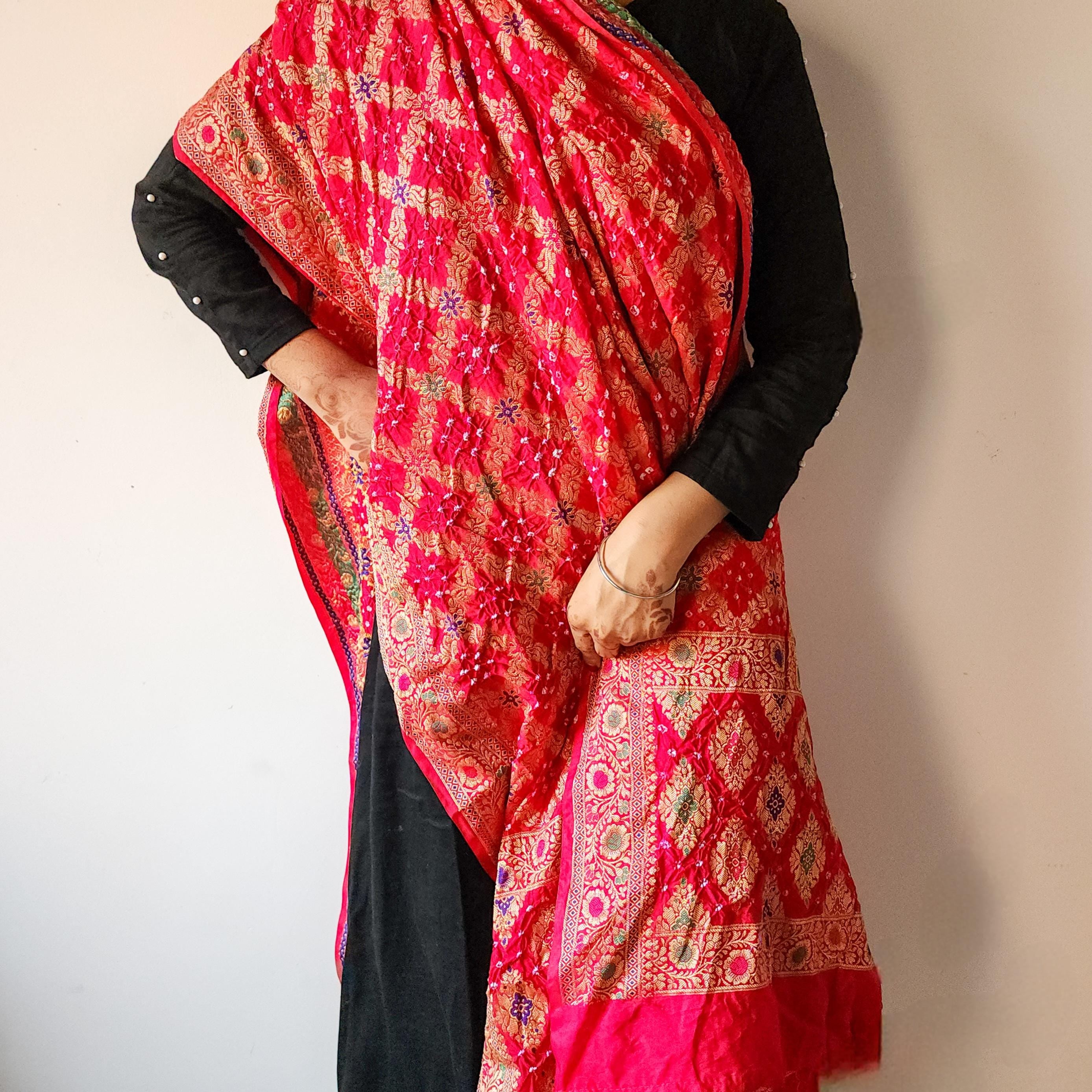 Rani Pink Bandhni dupatta with Banarasi Meenakari work