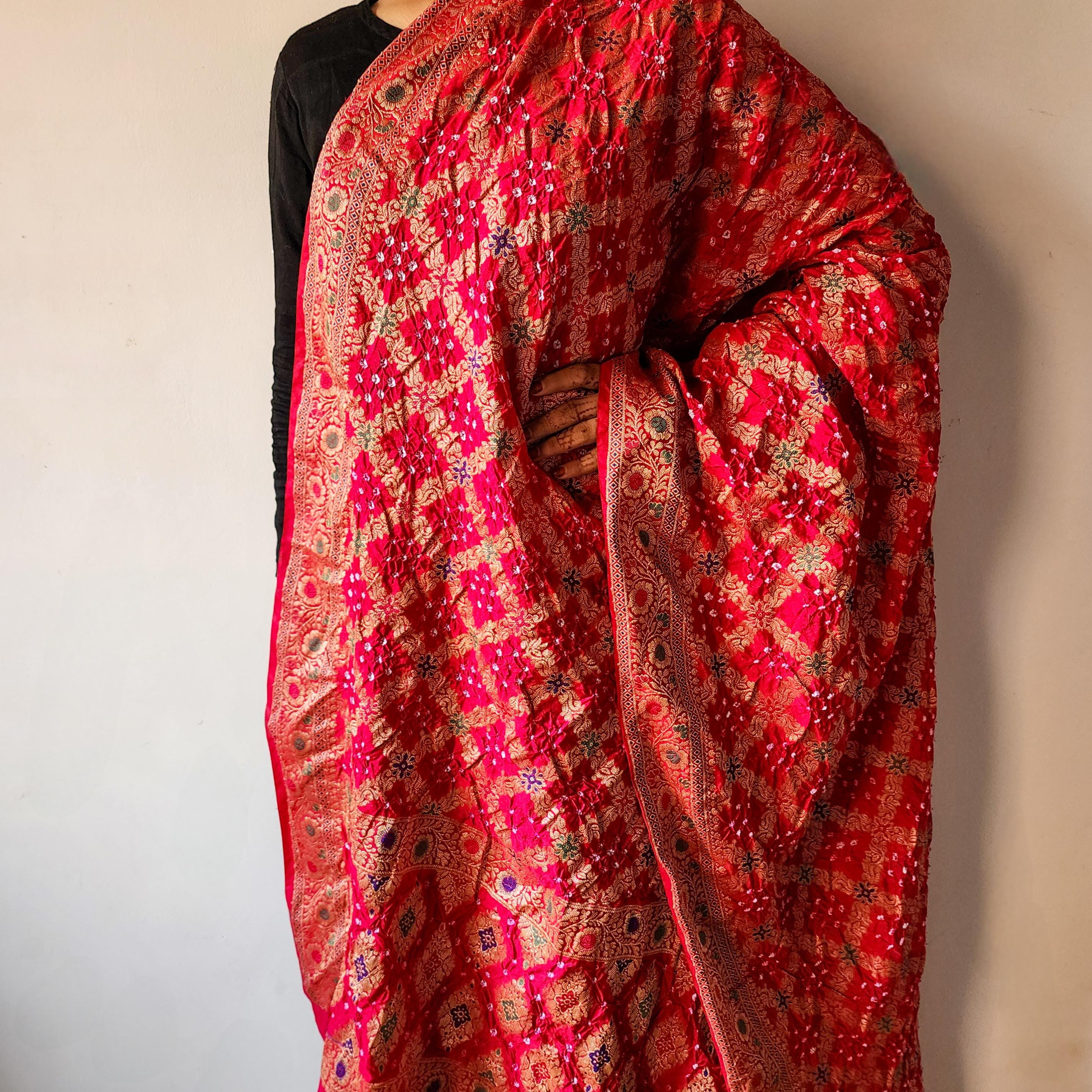 Rani Pink Bandhni dupatta with Banarasi Meenakari work