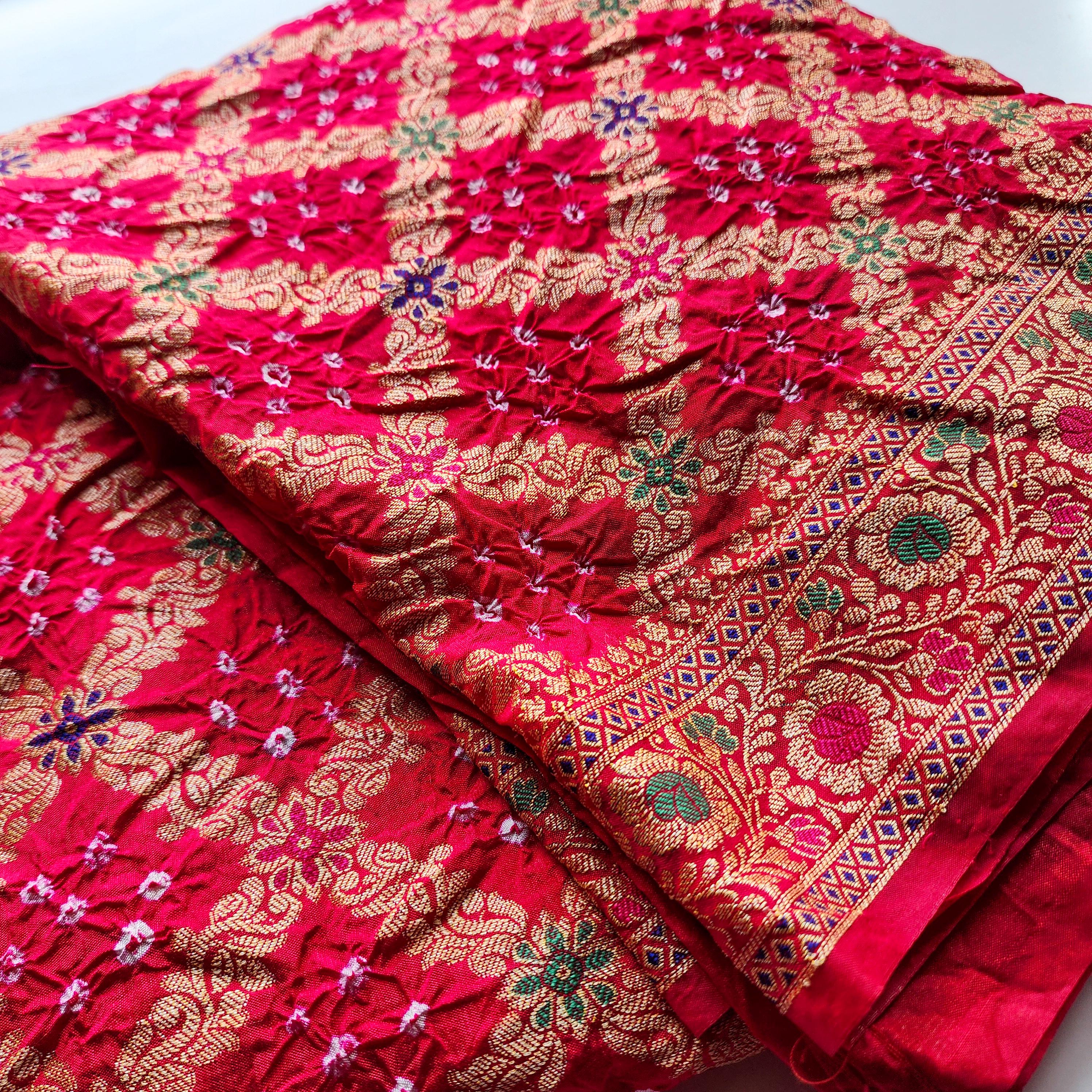 Rani Pink Bandhni dupatta with Banarasi Meenakari work