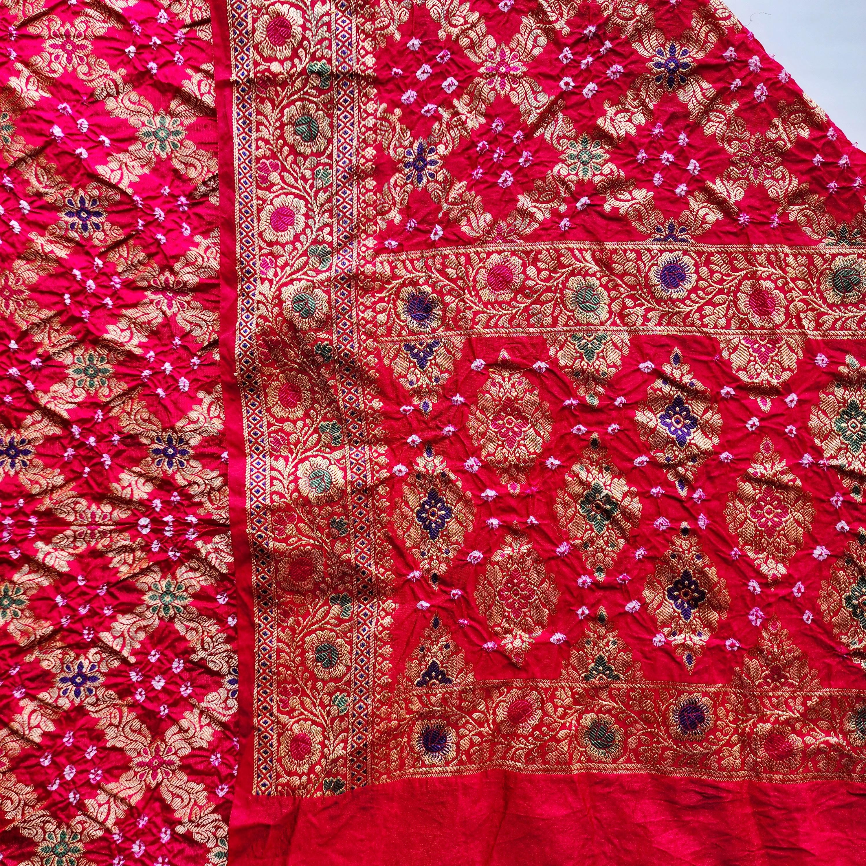 Rani Pink Bandhni dupatta with Banarasi Meenakari work