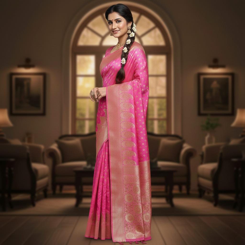 Rich Hot Pink Banarasi Silk Saree with Gold Zari Weaving