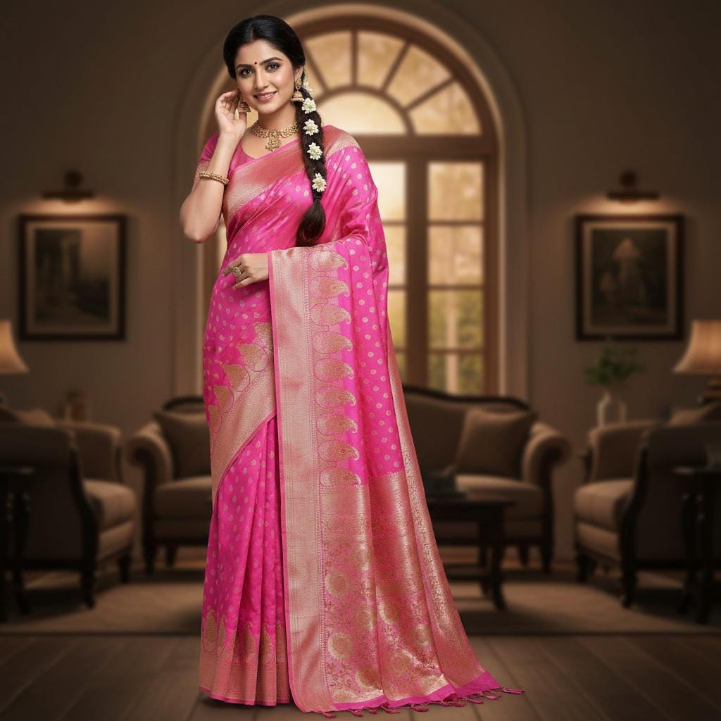 Rich Hot Pink Banarasi Silk Saree with Gold Zari Weaving