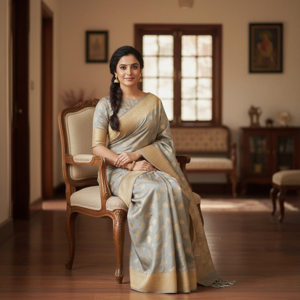 Rich Silver Gray Banarasi Katan Silk Saree | Light Gold Zari weaving