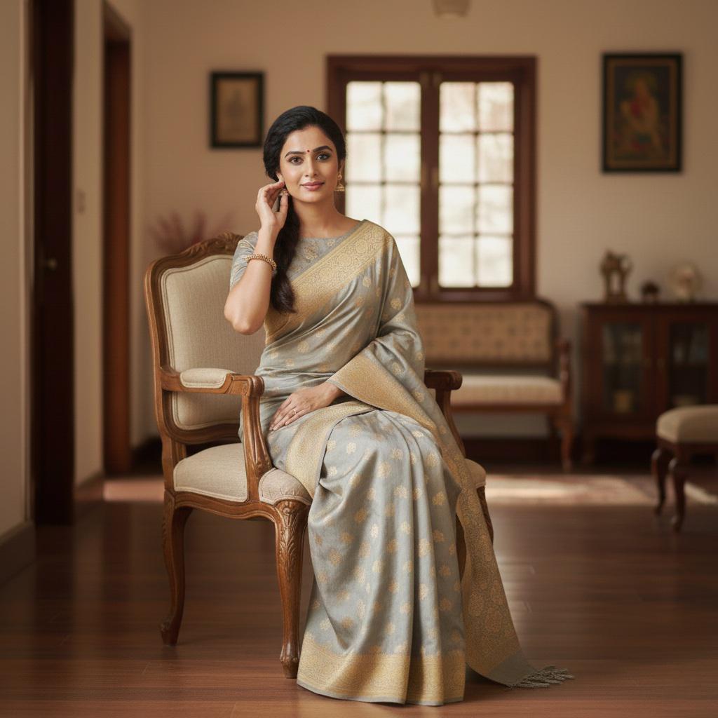 Rich Silver Gray Banarasi Katan Silk Saree | Light Gold Zari weaving