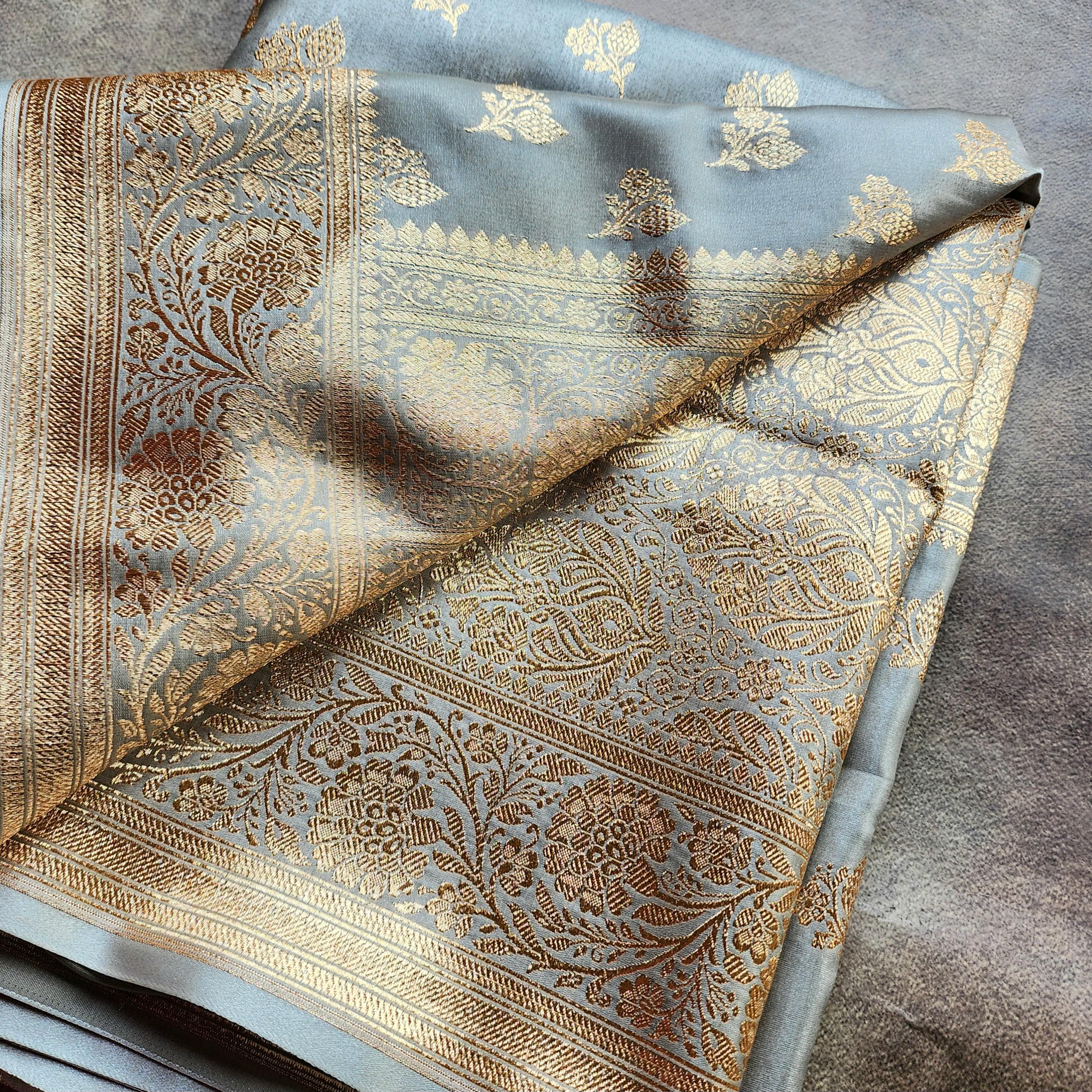 Rich Silver Gray Banarasi Katan Silk Saree | Light Gold Zari weaving