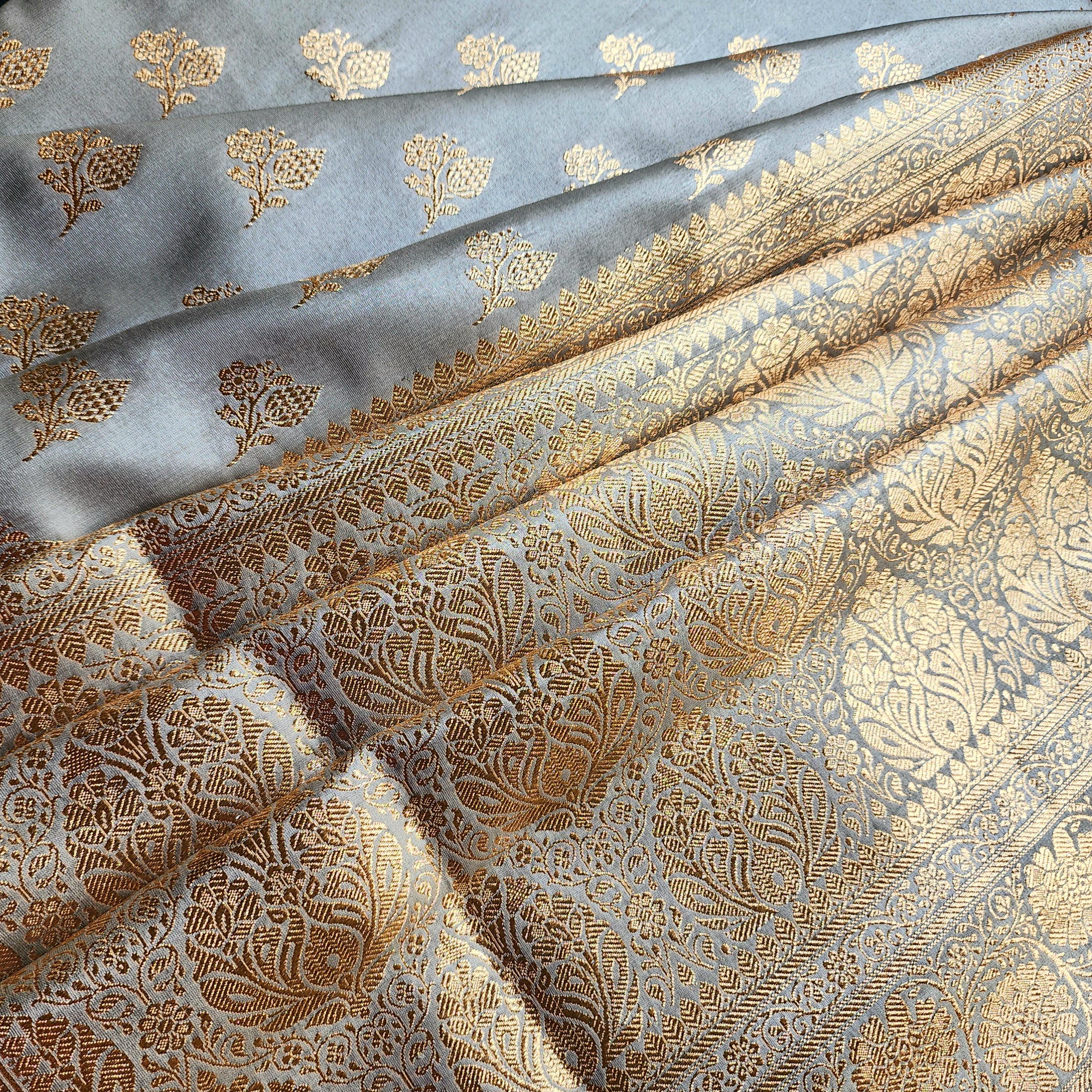Rich Silver Gray Banarasi Katan Silk Saree | Light Gold Zari weaving