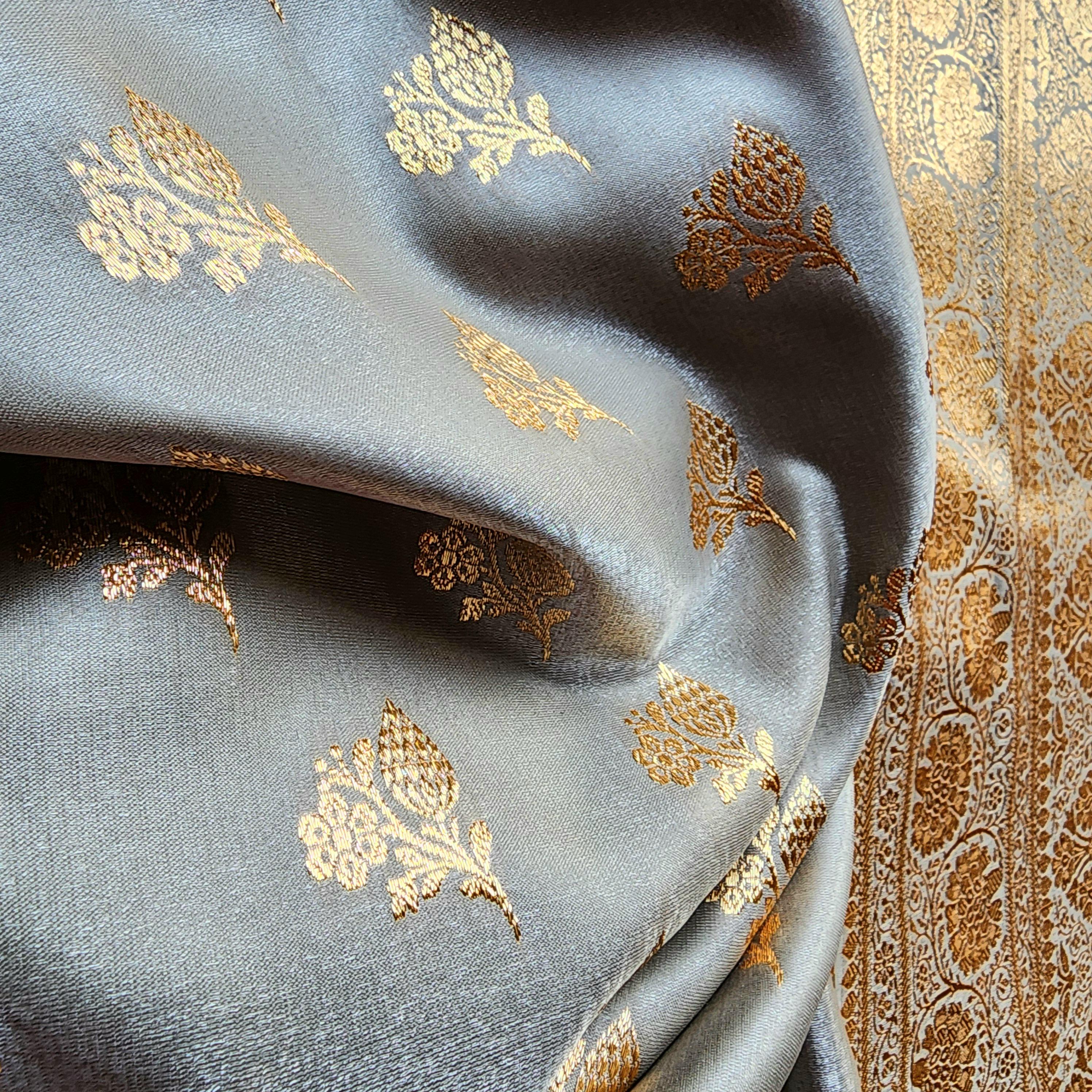 Rich Silver Gray Banarasi Katan Silk Saree | Light Gold Zari weaving