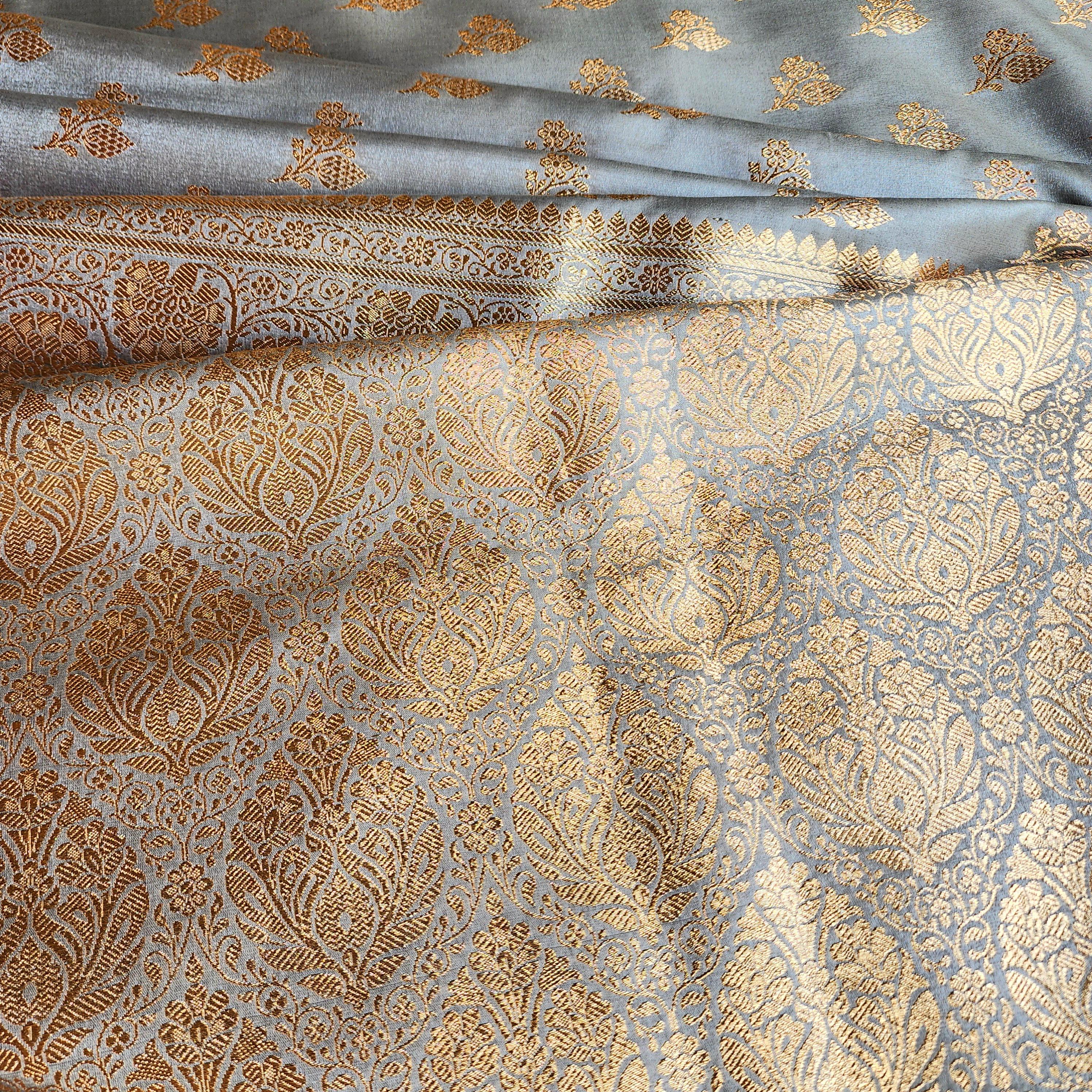 Rich Silver Gray Banarasi Katan Silk Saree | Light Gold Zari weaving