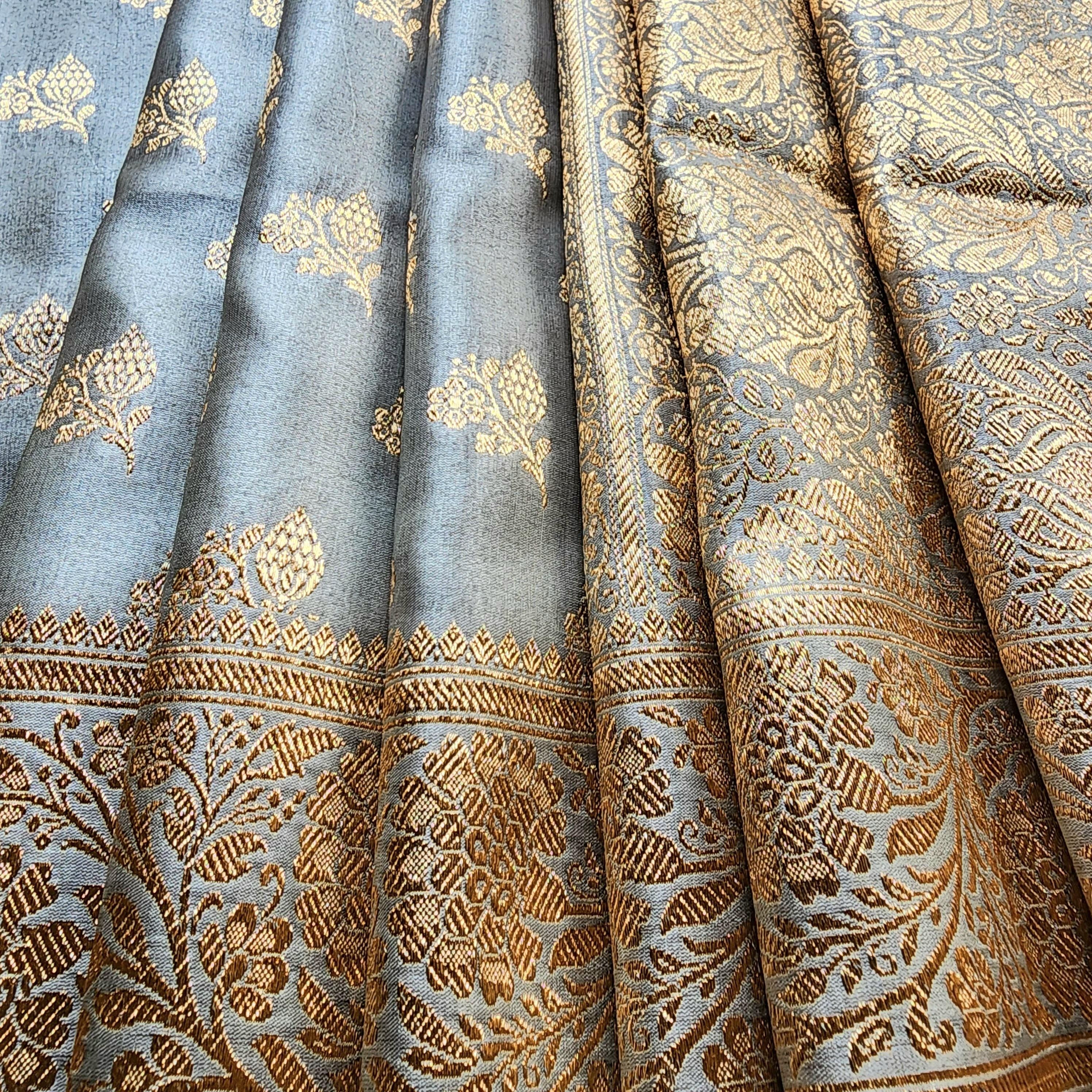 Rich Silver Gray Banarasi Katan Silk Saree | Light Gold Zari weaving