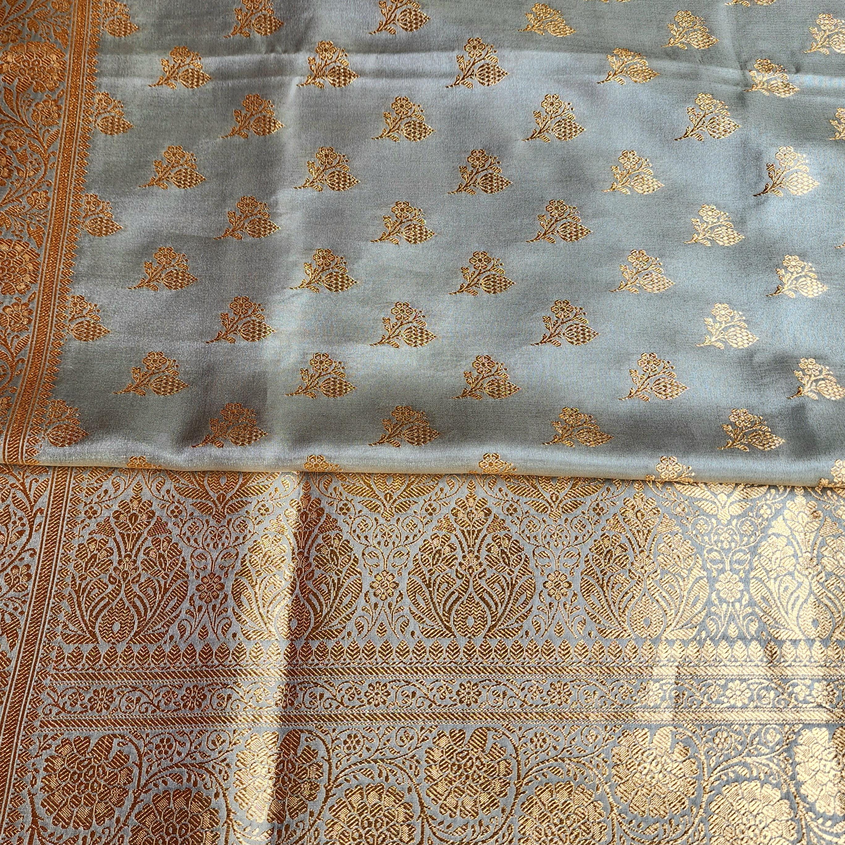 Rich Silver Gray Banarasi Katan Silk Saree | Light Gold Zari weaving
