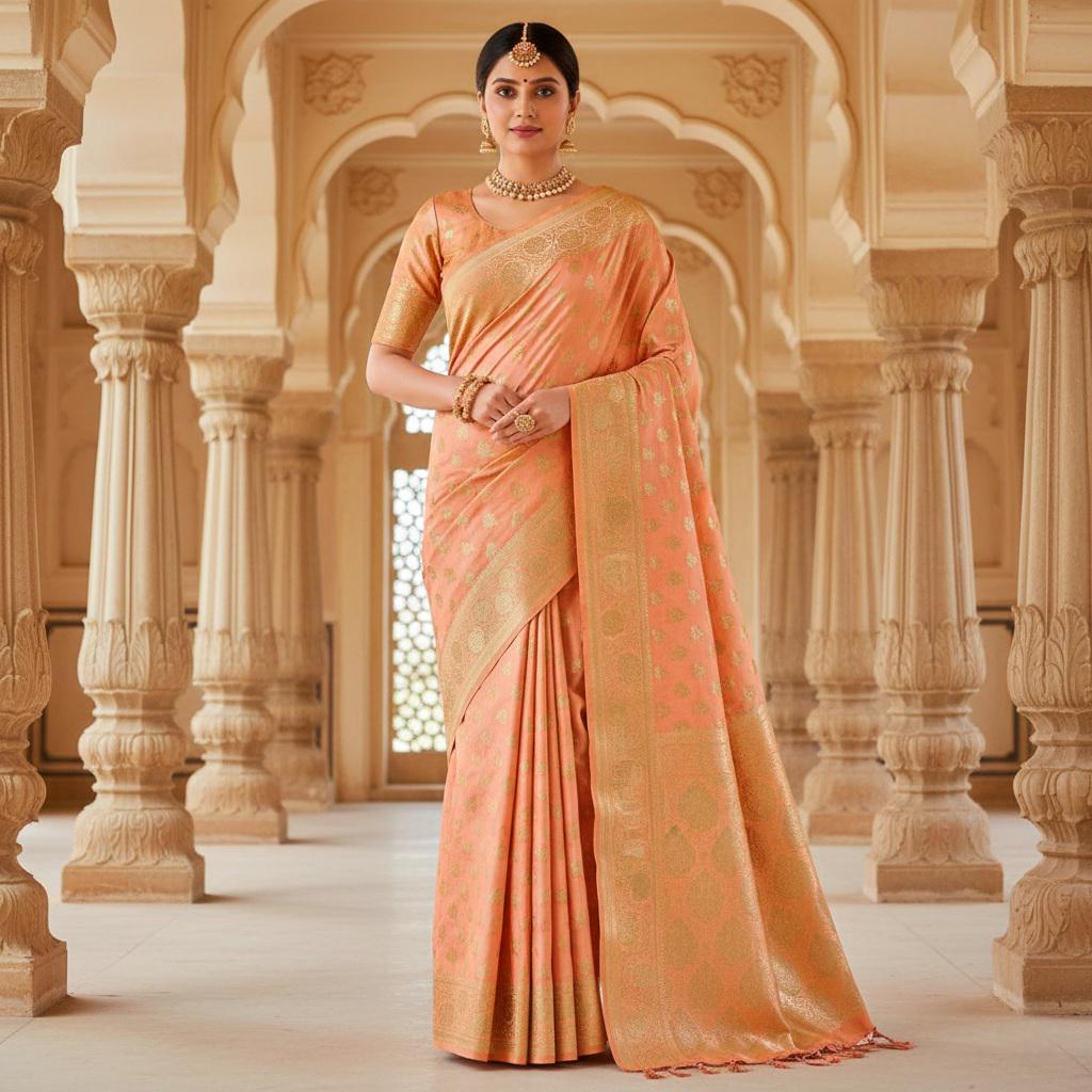 Rich Orange Banarasi Silk Saree with Gold Zari Weaving